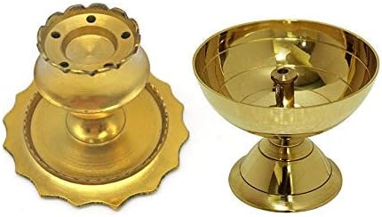 Combo of 2 Pcs Brass Incense Stick Holder with Classic Round Oil lamp for Worship/Spirtual/Religion