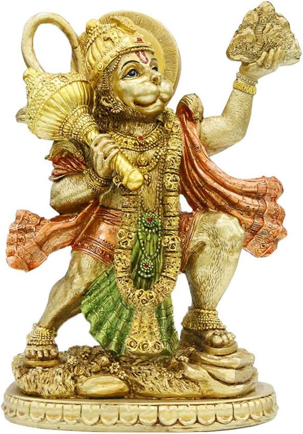Hindu God Lord Flying Hanuman Statue - India Idol Murti Pooja Sculpture - Gold Indian Buddha Figurine Home Temple Mandir Decor Wedding Gifts Yoga Meditation Altar Kit Spirtitual Gifts for Healing