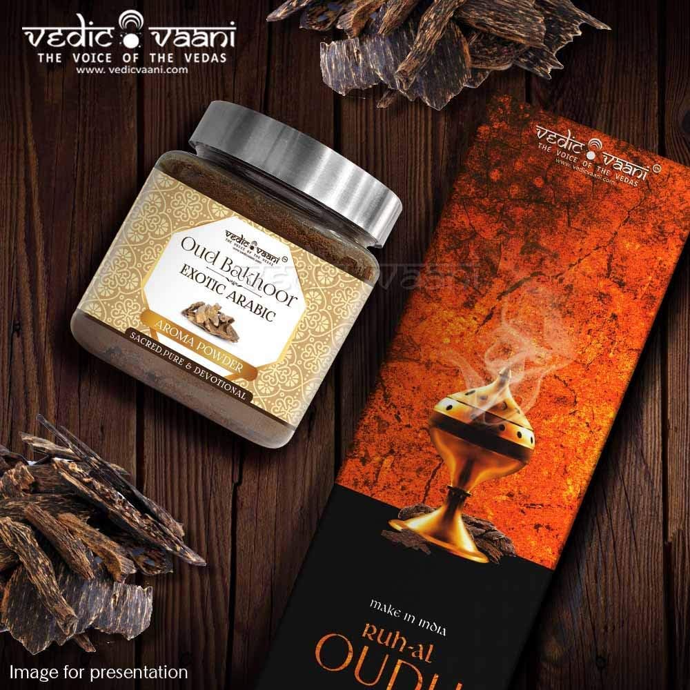 Vedic Vaani Oud Bakhoor Exotic Arabic Fragrance of Pure Perfumes Aroma Herbal Powder  Ruh-Al-Oudh Agarbatti Incense Stick for Home  Office, Meditation  Pooja, Religious Ceremonies