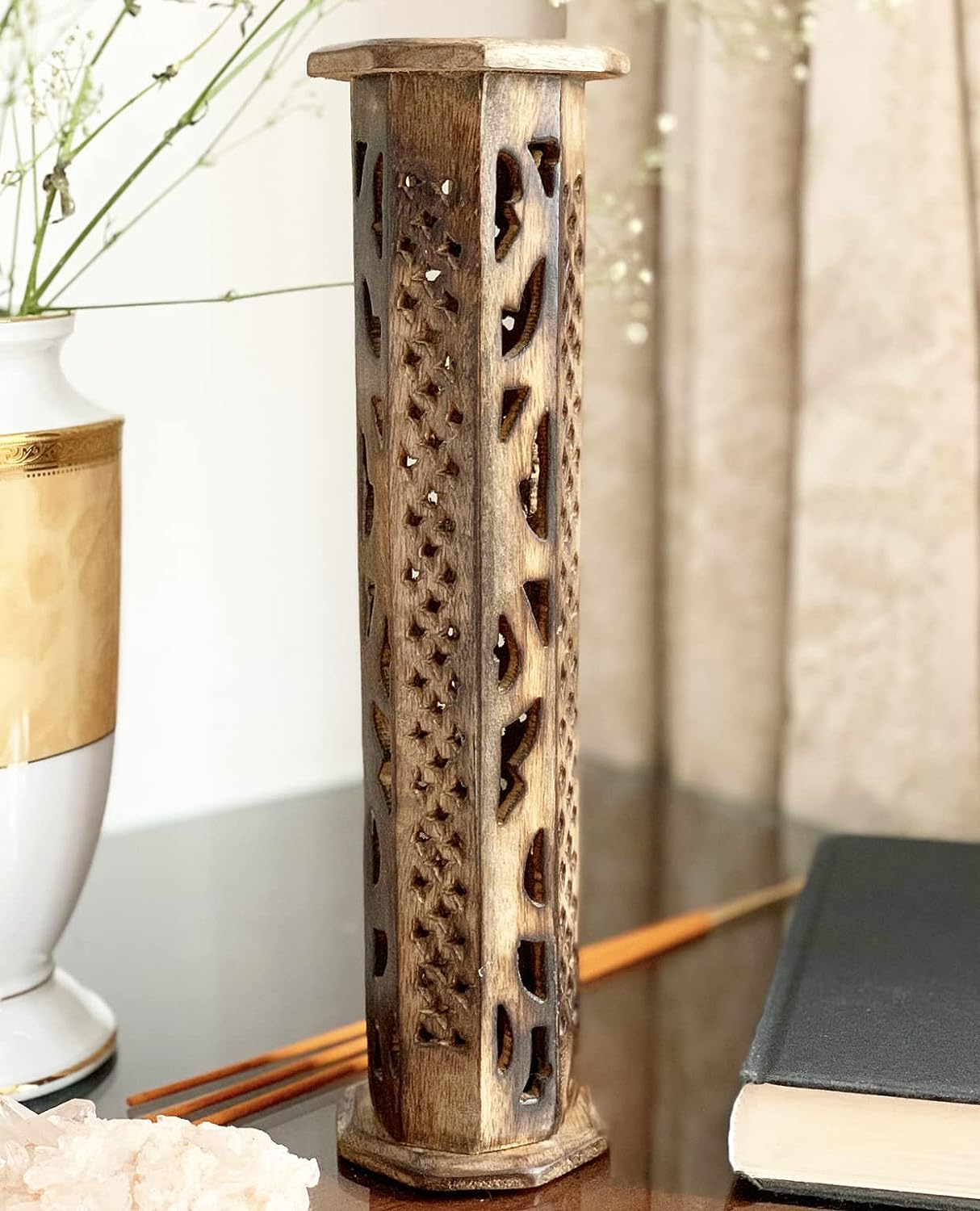 Wooden Incense Stick  Cone Burner Holder Tower Large Organic Eco Friendly Ash Catcher Agarbatti Holder Rustic Style Hand Carved for Meditation Yoga Aromatherapy Home Fragrance Products (Natural)