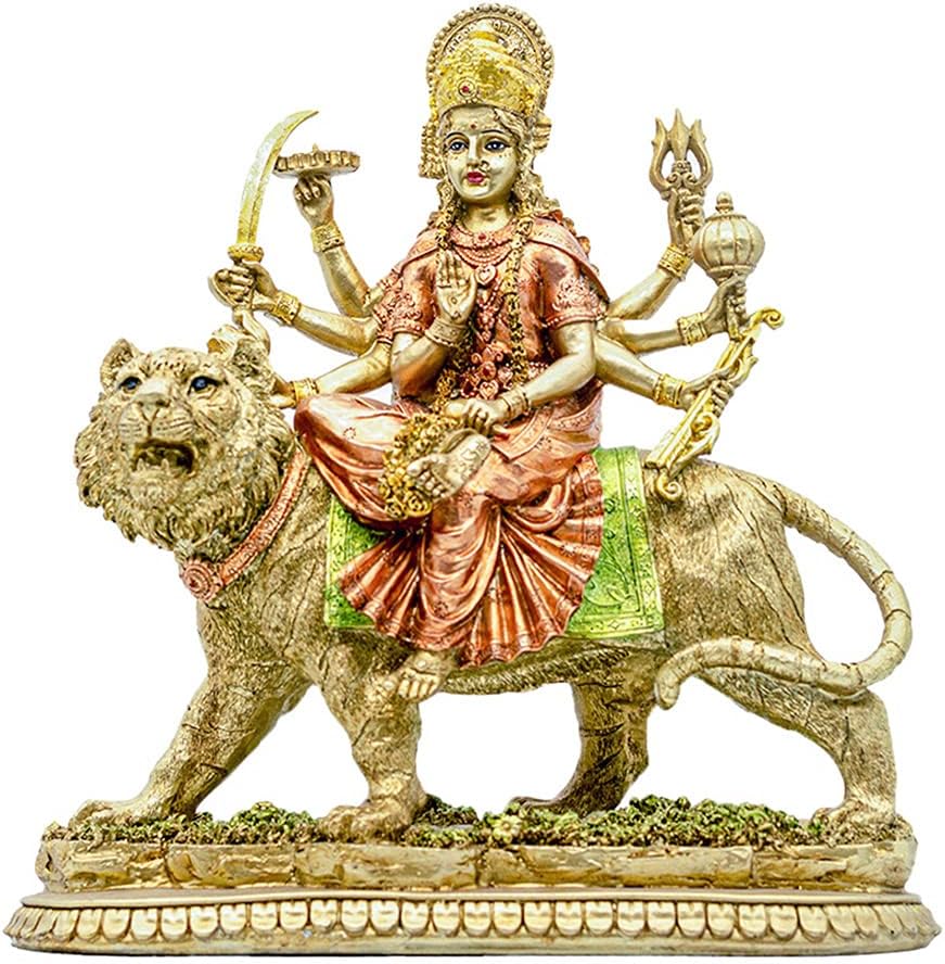 BangBangDa Hindu Goddess Durga Statue - Indian God Durga On Tiger Figurines Decor - India God Murti Idol Home Mandir Temple Puja Sculpture Pooja Gifts Item Altar Yoga Meditation Room Diwali Gifts