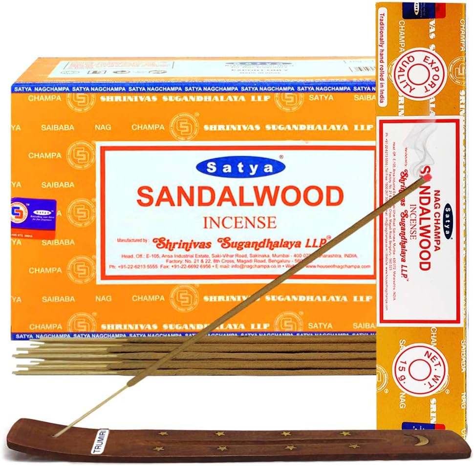 Sandalwood Incense Sticks - Total 180 Insence-Sticks and Incense Stick Holder Bundle Insence Insense Satya Incense