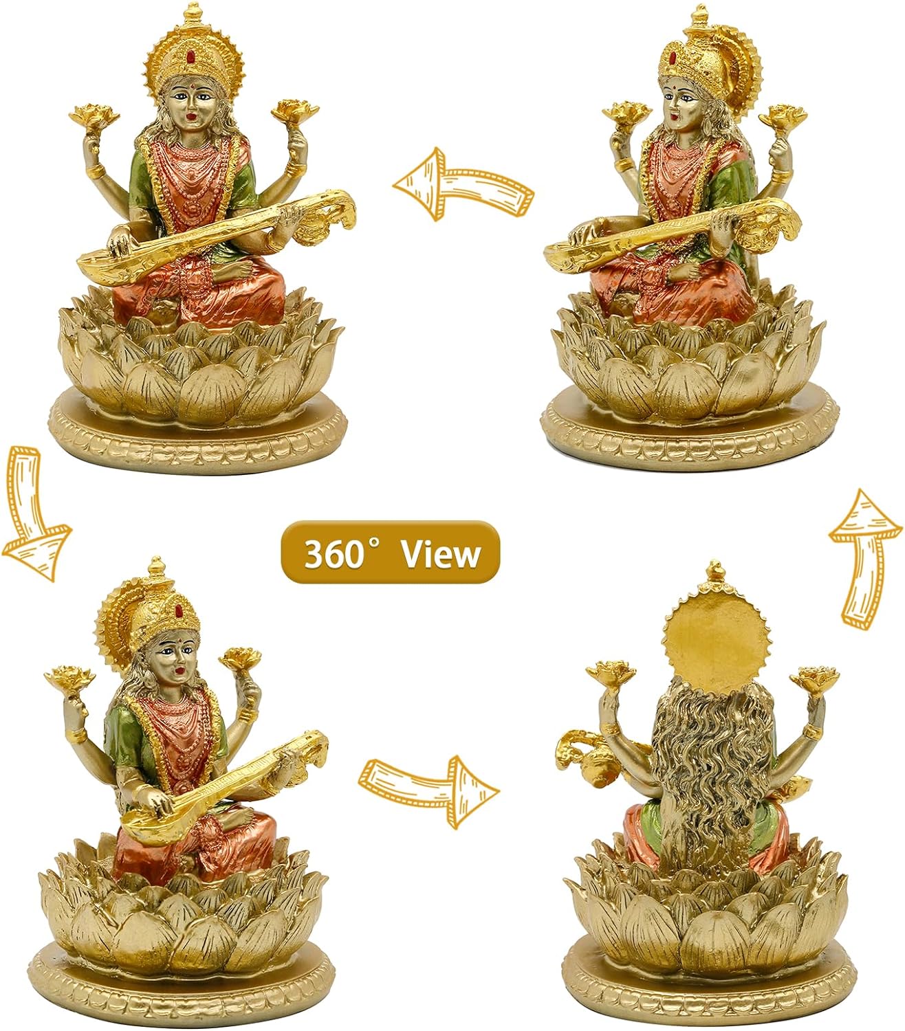 alikiki 6.5 H Sarswati Sitting on Lotus Figurines in Antique Gold Hindu God Staute for Home Office Mandir Altar Pooja Item Indian Saraswati Idol Statue for Diwali Puja Gifts