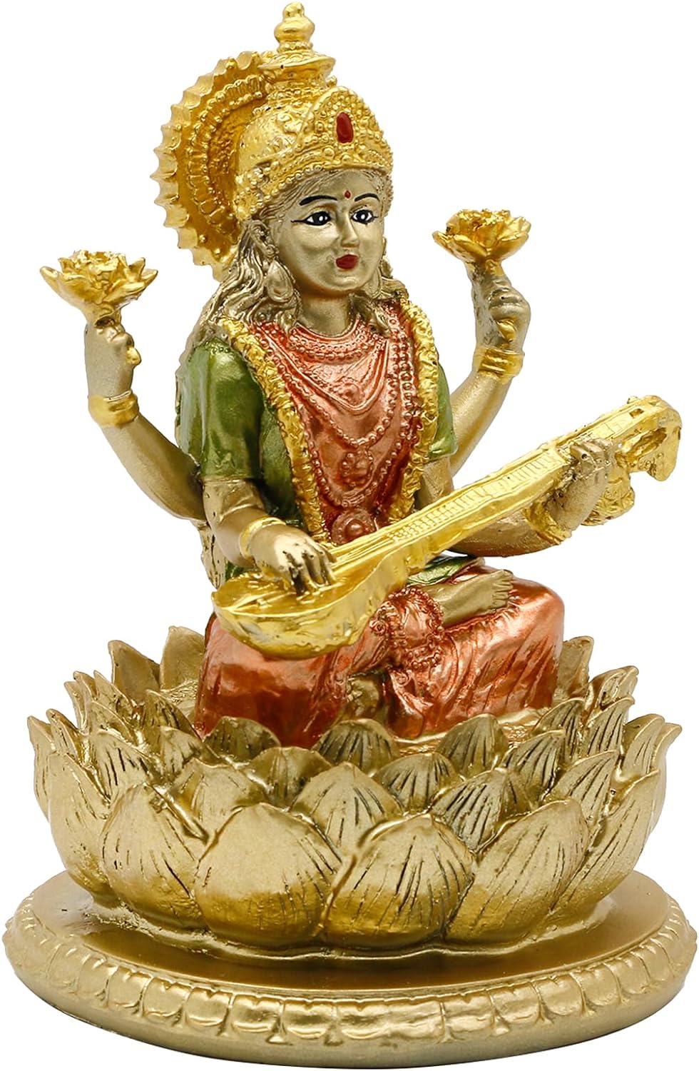 alikiki 6.5 H Sarswati Sitting on Lotus Figurines in Antique Gold Hindu God Staute for Home Office Mandir Altar Pooja Item Indian Saraswati Idol Statue for Diwali Puja Gifts
