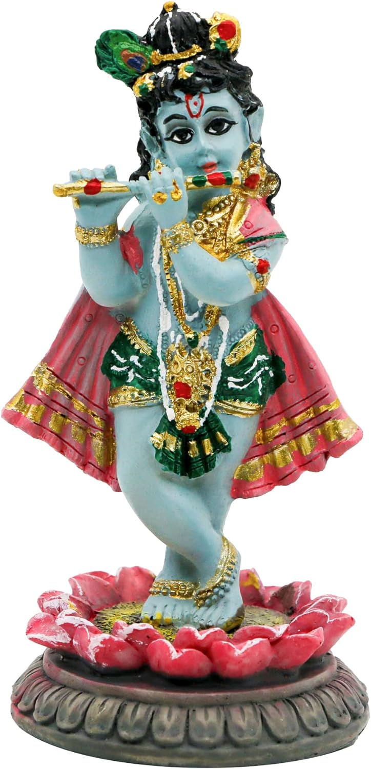 alikiki Indian Idol Krishna God Statue - 3.9”H Hindu Murti Idol Little Krishna Play Flute Sculpture for Home Office Temple Mandir Altar Pooja Item Diwali Puja Figurine