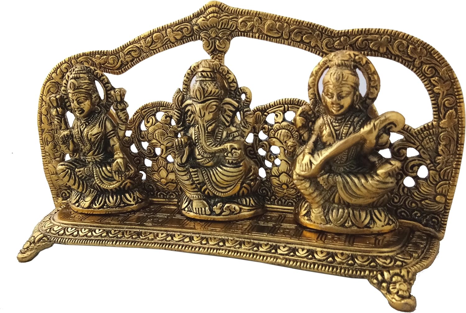 Charmy Crafts Metal Golden Antique Laxmi Ganesh Saraswati Handcrafted Showpiece for Home Decor Gift Item