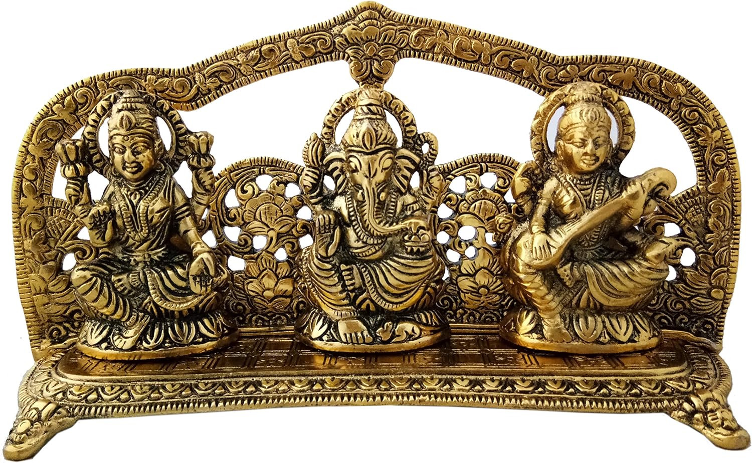Charmy Crafts Metal Golden Antique Laxmi Ganesh Saraswati Handcrafted Showpiece for Home Decor Gift Item