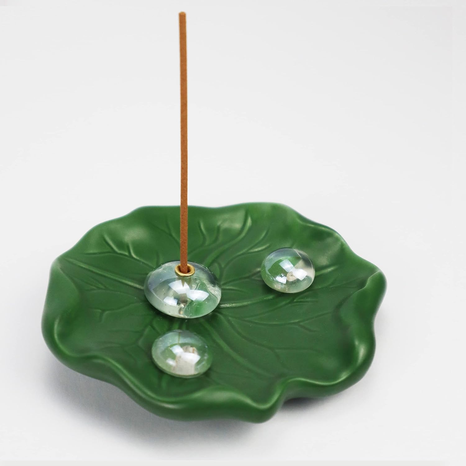 Chilvane Incense Holder for Sticks 100% Handmade Ceramic Green Lotus Leaf Tray Crystal Clear Dewdrop,Incense Stick Holder Incense Burner for Meditation Home Decor