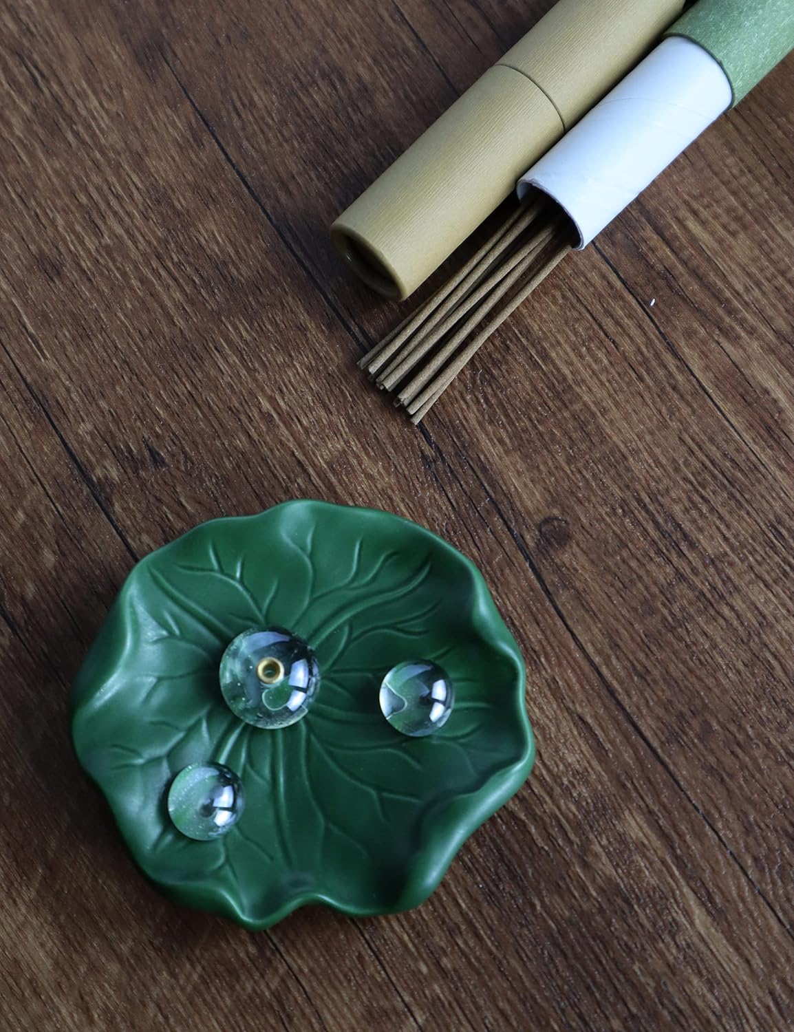 Chilvane Incense Holder for Sticks 100% Handmade Ceramic Green Lotus Leaf Tray Crystal Clear Dewdrop,Incense Stick Holder Incense Burner for Meditation Home Decor