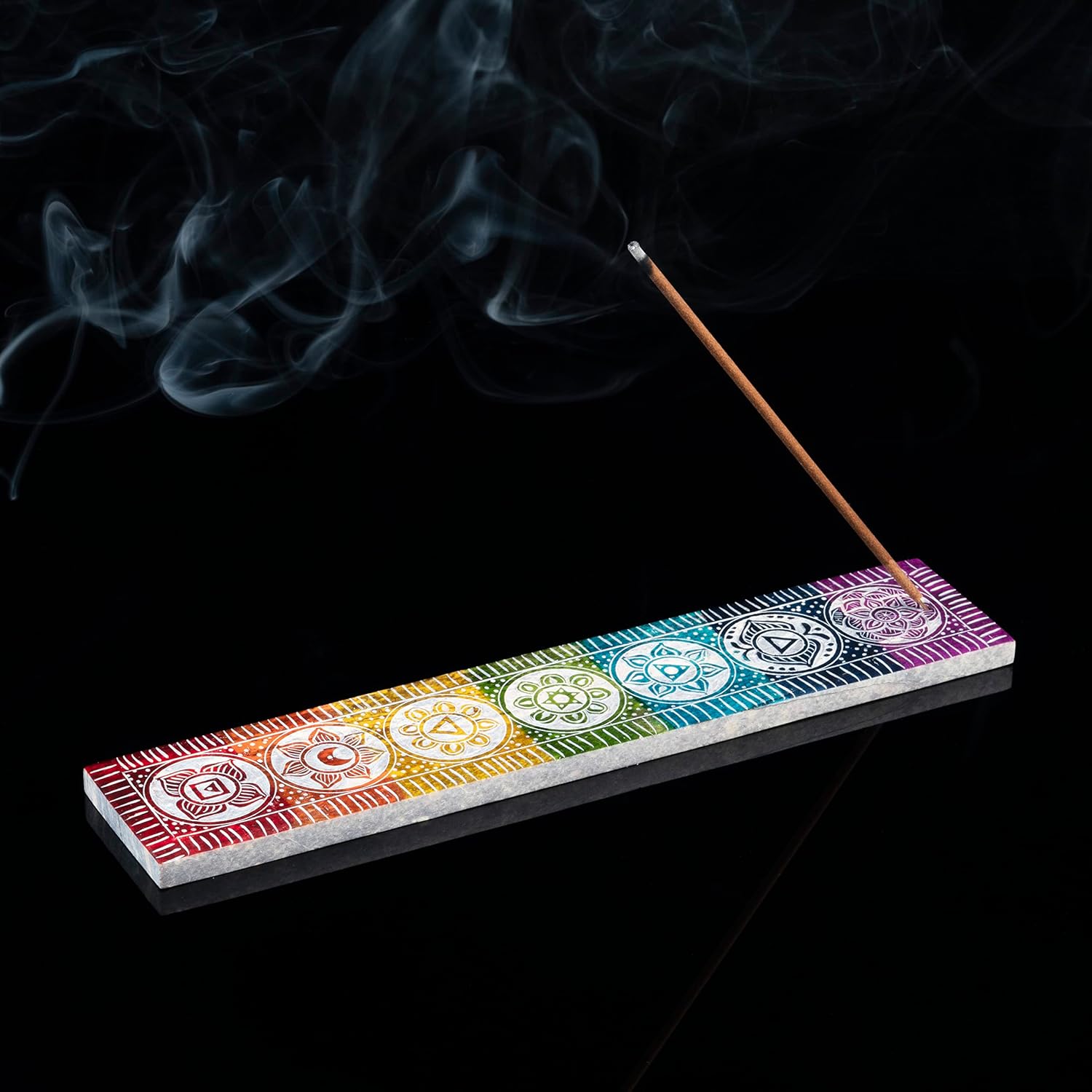 Crocon Soapstone Incense Tray for Sticks Diwali Décor Incense Stick Holder - Incense Burner - Ash Catcher - Handmade Seven Chakra  Line Design - Ideal for Aromatherapy, Meditation, Decor 10x2.5 Inch
