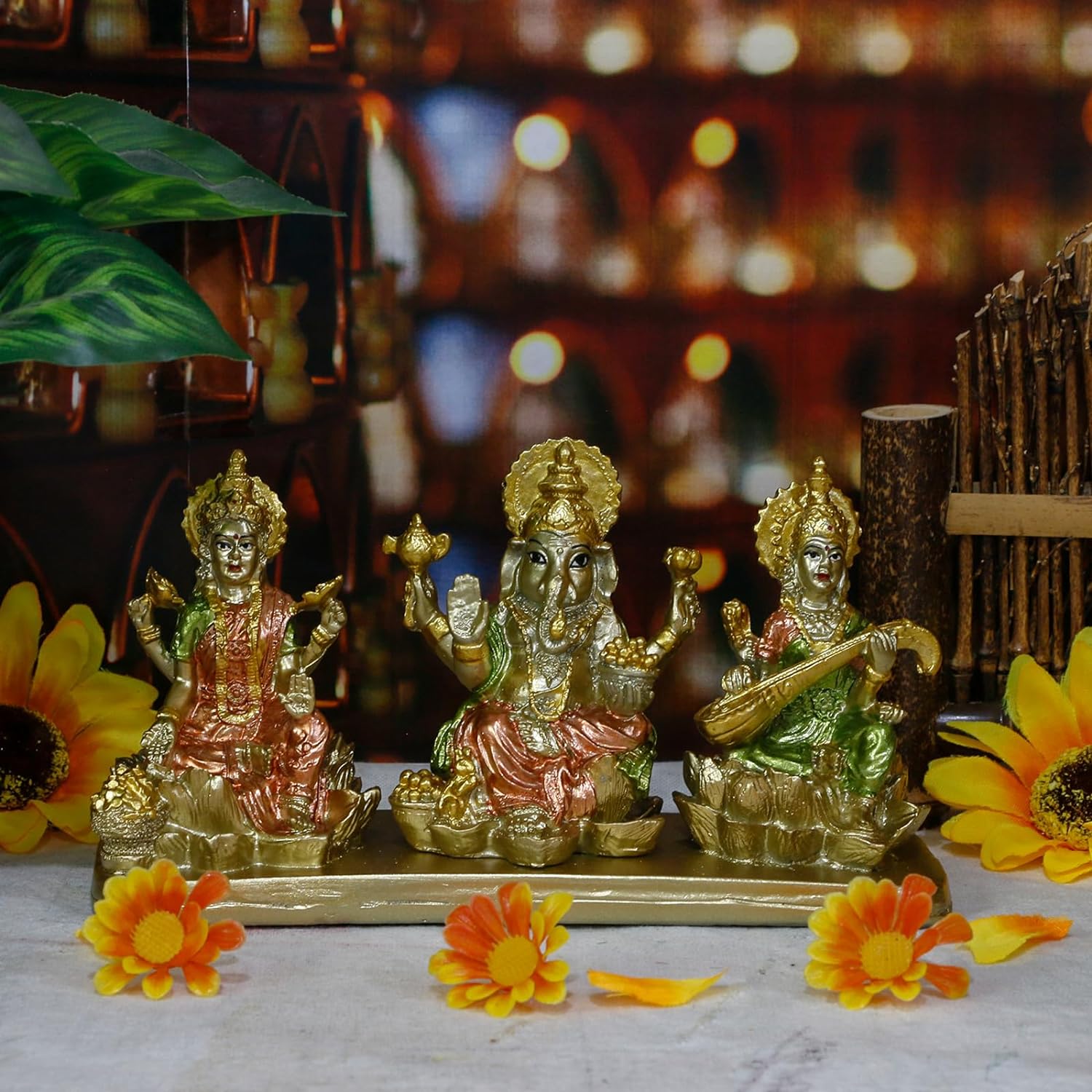 Hinduism Lakshmi Ganesha Saraswati Statue - Hindu Laxmi Lord Ganesh Idol Figurine Home Temple Mandir Pooja Item - Indian Puja Decoration Diwali Gift Meditation Yoga Room Altar Decoration Car Decor