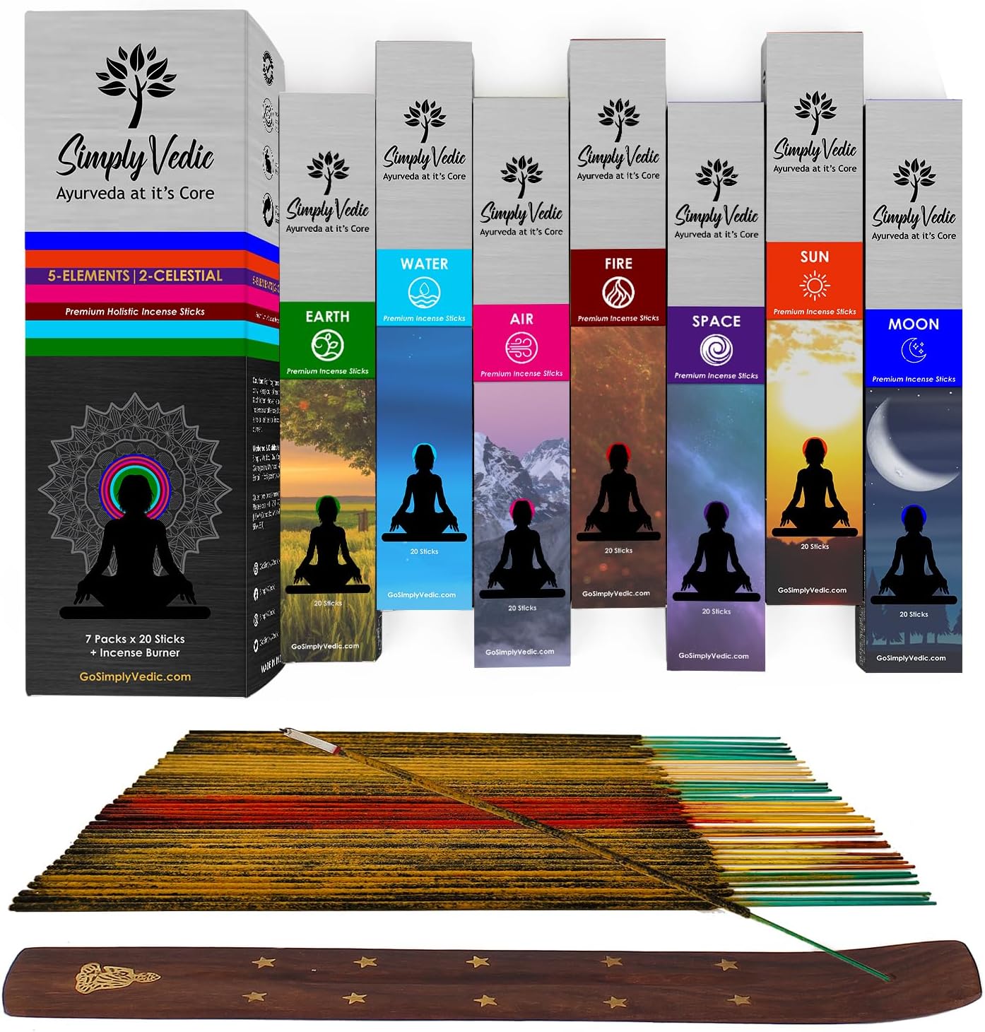 Simply Vedic 5 Elements 140 Sticks Incense Stick Premium Agarbatti with Burner Lasting 60 Minutes Each for Meditation, Yoga, Reiki, Healing, Aromatherapy Energy Cleansing (20 Sticks Pack X 7 Variants)