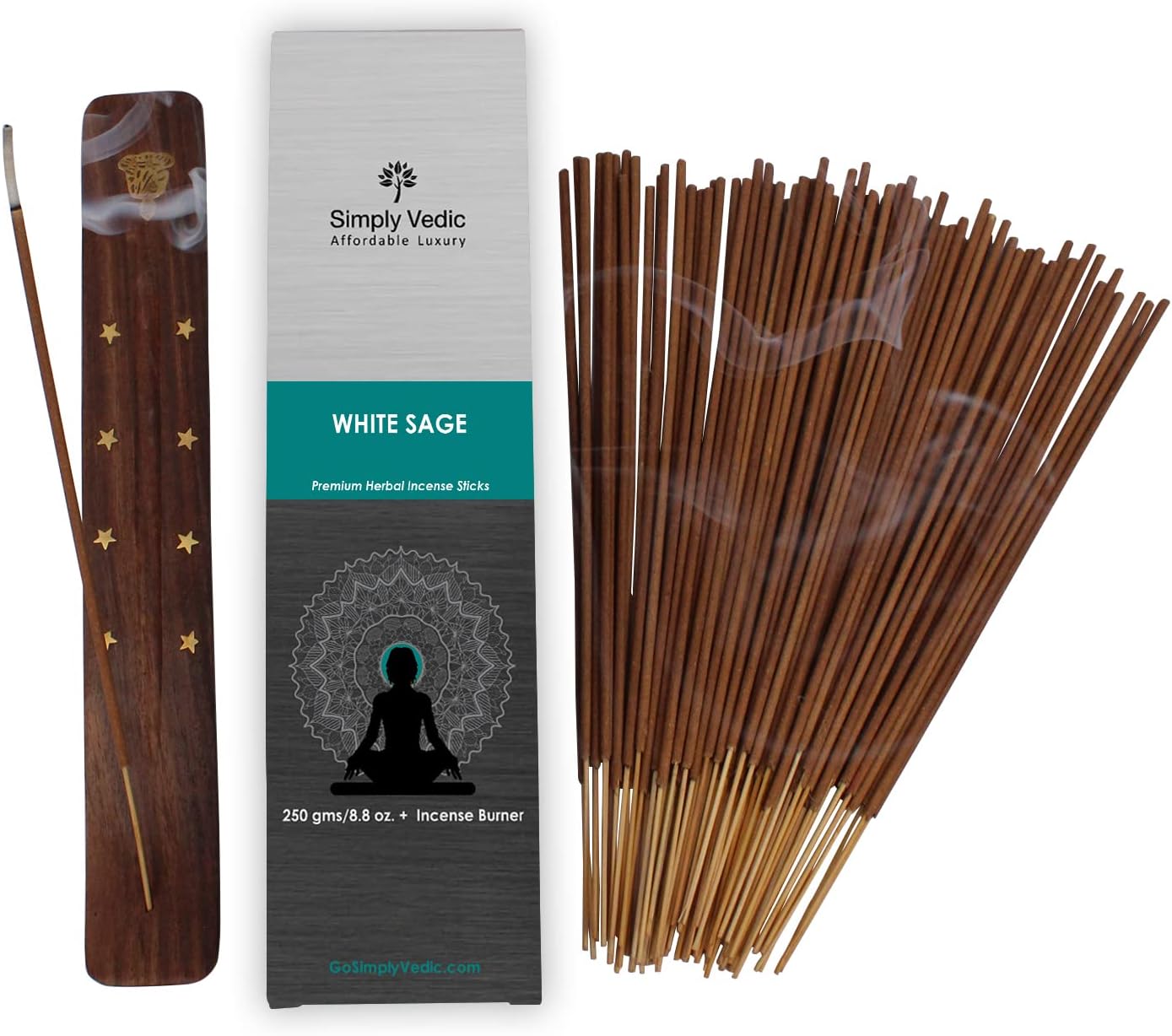 Simply Vedic White Sage Incense Sticks 250-Grams (Approx 135 Premium Sticks + Holder) | Lasts 45-Minutes, Ideal for Meditation, Yoga, Spiritual Healing, Aromatherapy Energy Cleansing.