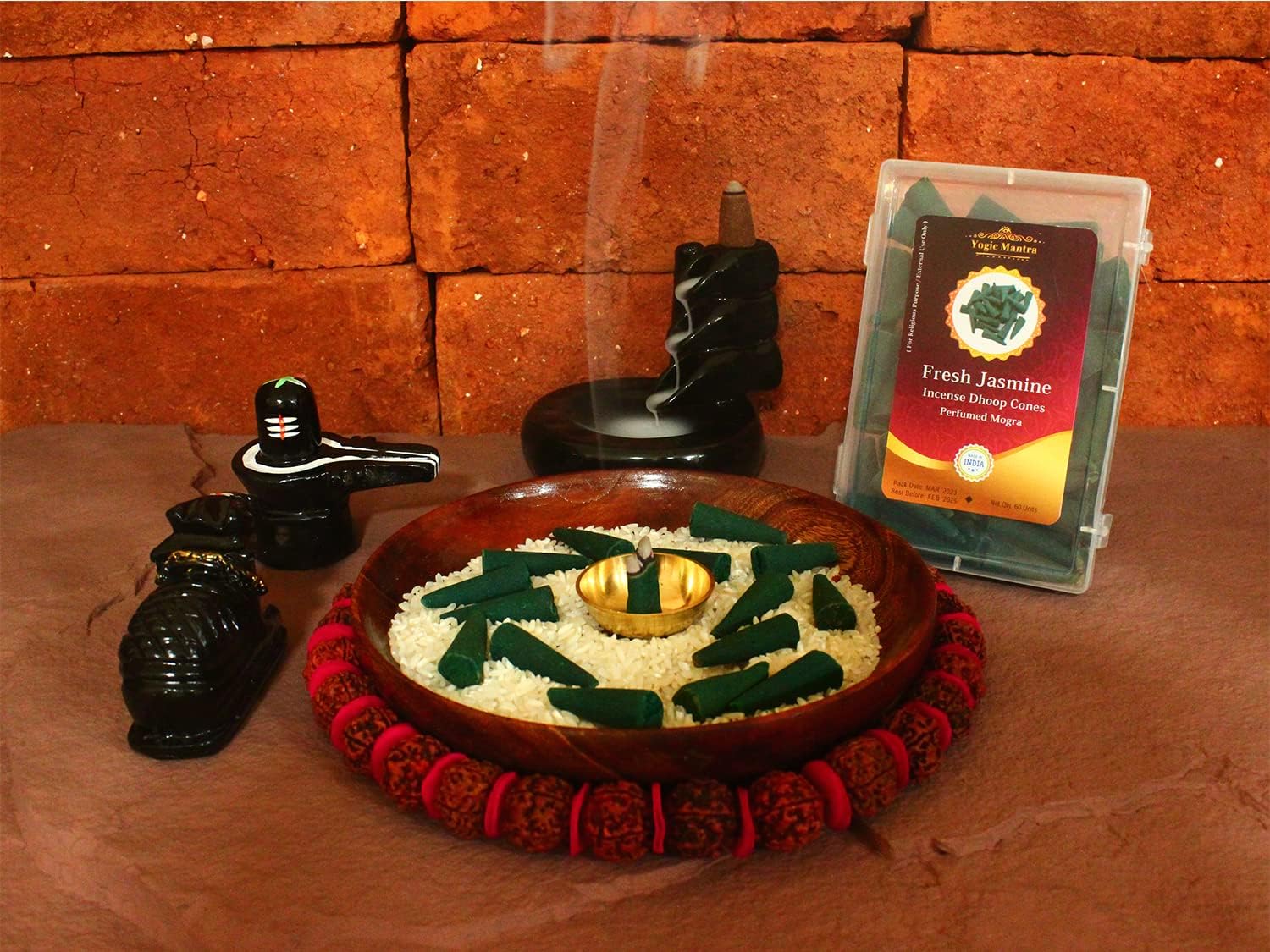 Yogic Mantra Fresh Jasmine Incense Cones (60 Pcs. Dhoop Cones 1.5 Approx) Mogra Fragrance Dhoop Bati Agarbatti for Aromatherapy, Meditation, Prayer, Hindu Holy Puja Rituals  Diwali Pooja