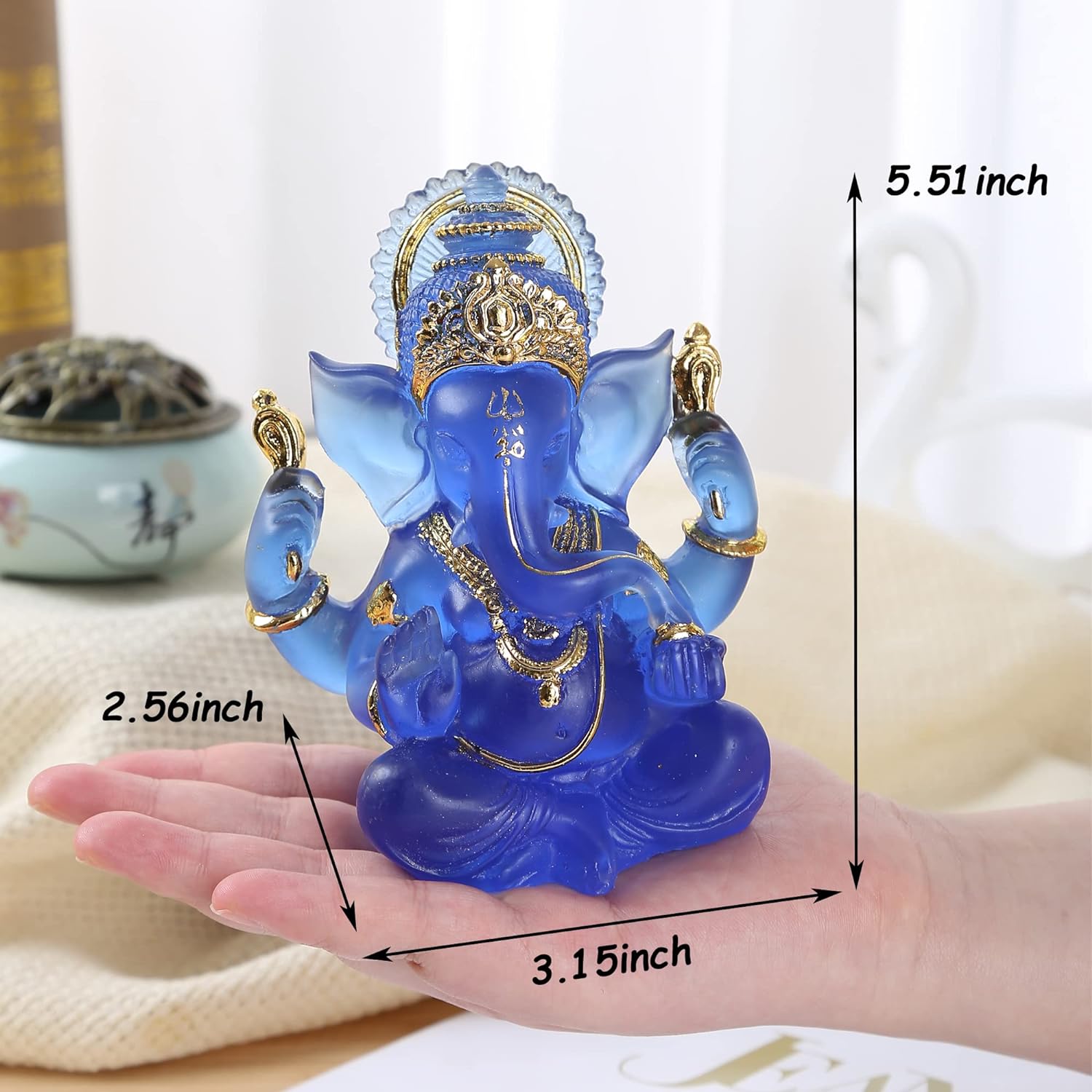 HW 5.6H Blessing A Blue Resin Statue of Lord Ganesha Ganpati Elephant Hindu God, Elephant God Statue, Lmitation Glass Sculpture Buddha Figurine Decoration