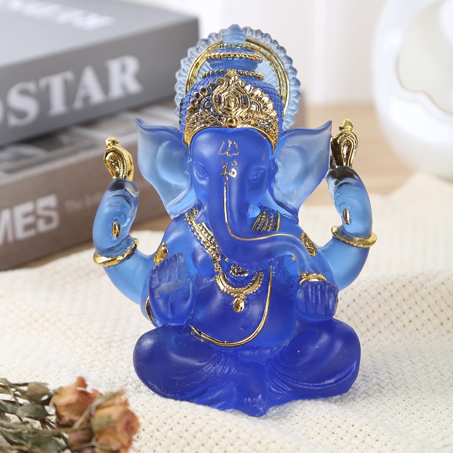 HW 5.6H Blessing A Blue Resin Statue of Lord Ganesha Ganpati Elephant Hindu God, Elephant God Statue, Lmitation Glass Sculpture Buddha Figurine Decoration