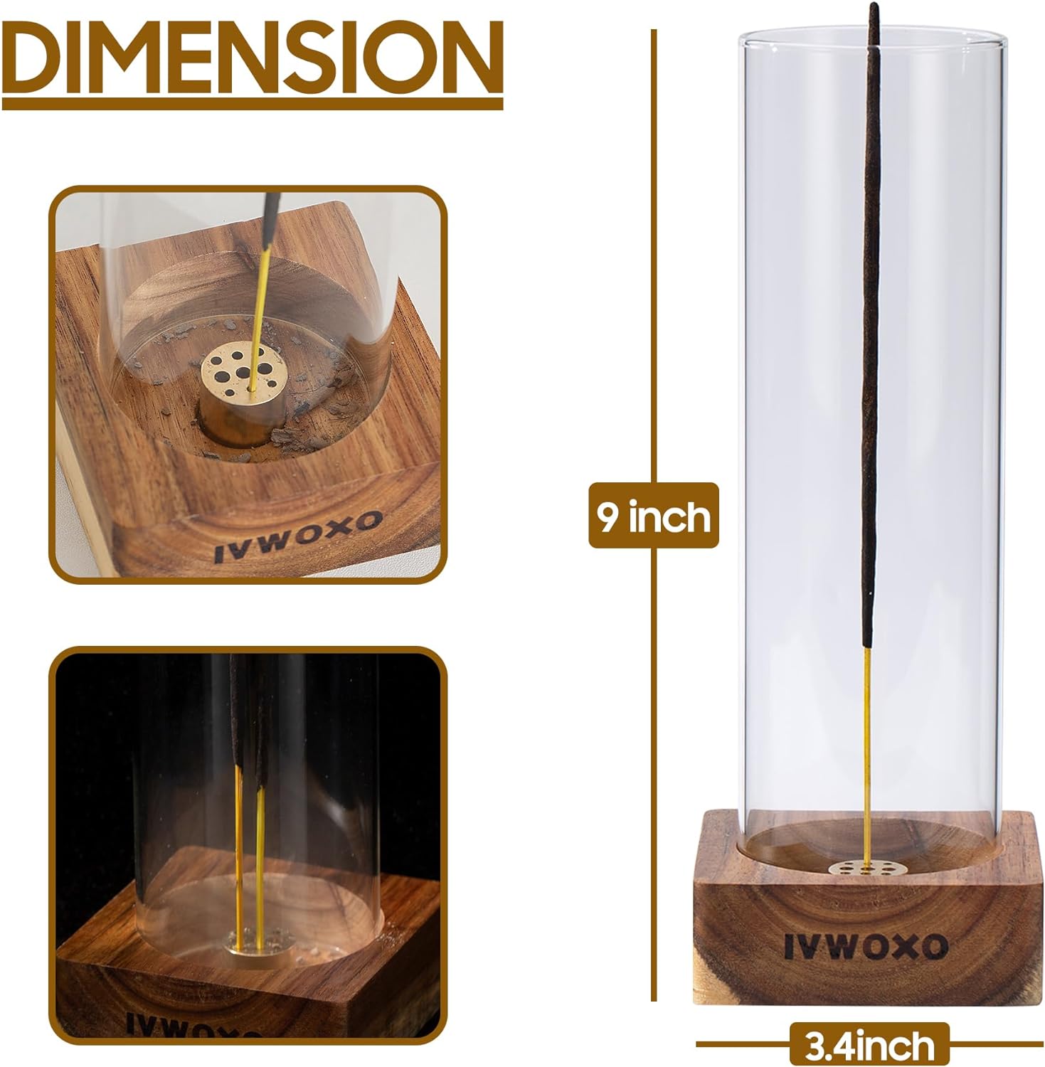 IVWOXO Incense Holder, Wood Incense Holder for Sticks, 100% Anti-Ash Flying Incense Burner, Glass Incense Burner Holder (Round-Two)