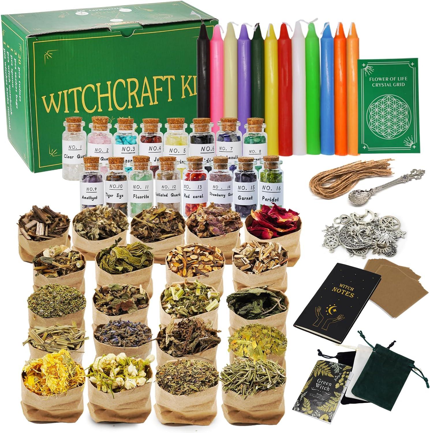 New Witchcraft Supplies and Tools for Women Witches Crystals Candles Set for Witchcraft Beginners Wiccan Spell Jars Herbs Kit for Witchy Stuff Birthday Holiday Gifts 123 Pcs Witchcraft Kit Box