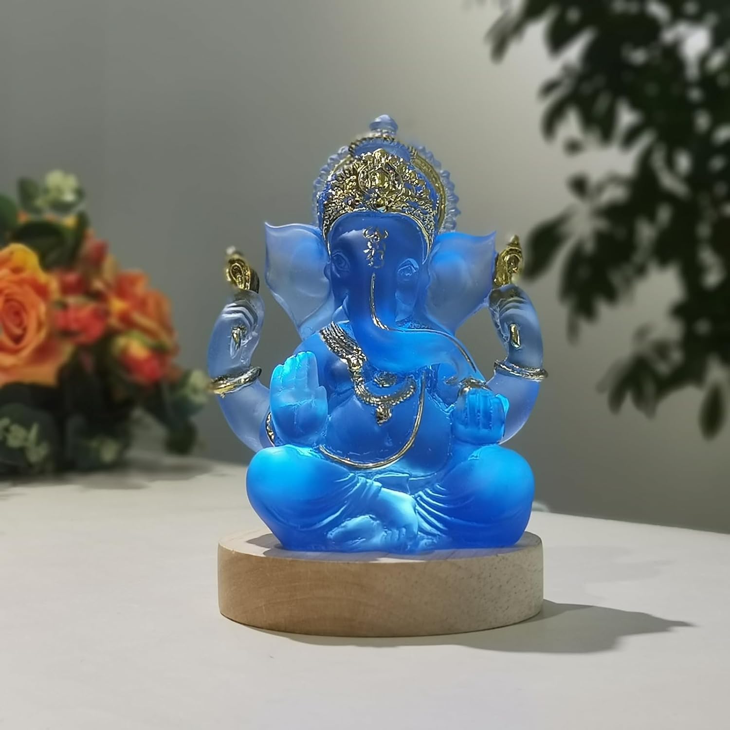 Onyqina Ganesha Statue with LED Light Base, Ganpati Elephant Hindu God Statues, Ganesha Idol for Home Decor, Resin Buddha Figurine Sculpture Indian Room Decoration