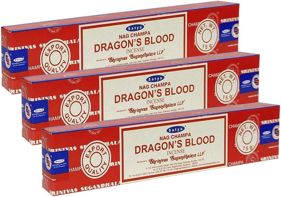 Satya Dragonss Blood Agarbatti Pack of 3 Incense Sticks Boxes, 15 GMS Each, Traditionally Handrolled in India Best Aeromatic Natural Fragrance Perfect for Prayer Relaxation Peace Meditation