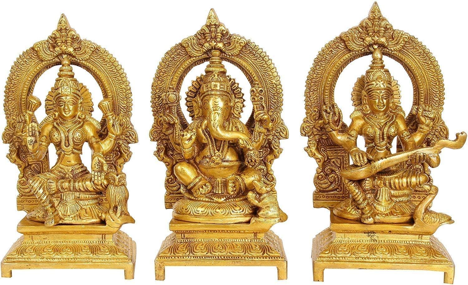 White Whale Brass Hindu God Ganesha and Goddess Laxmi Saraswati Idol Statue Murti