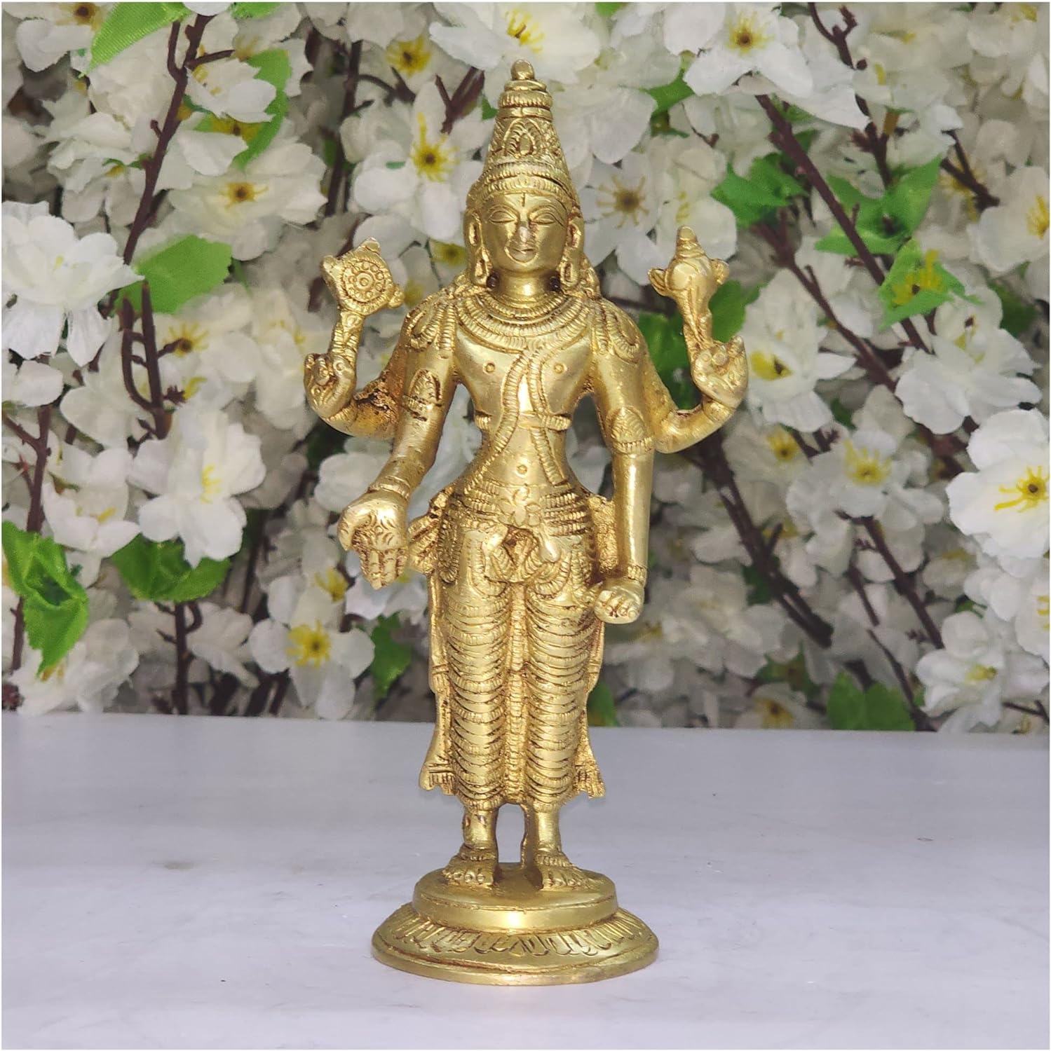 AtoZ India Cart Lord Vishnu Statue Hindu God Statue in Brass Vishnu Sculpture Indian Handmade God Statue Vishnu Figurine Gold 7 x 3.25 x 2.2 inch