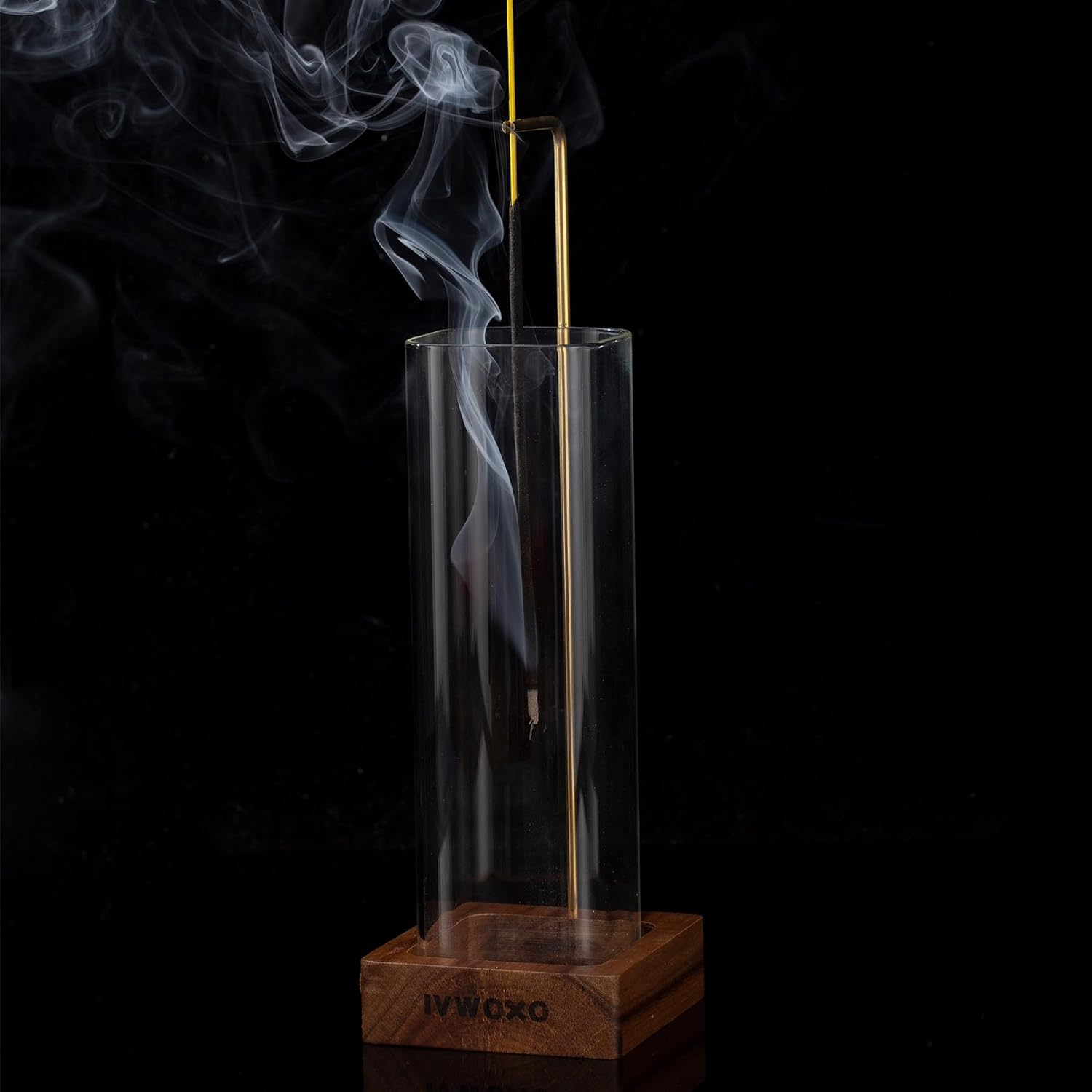 IVWOXO Incense Holder, Wood Insence-Stick Holder with Glass Ashes Collector, 100% Anti-Ash Flying Incense Burner, Incense Holder for Sticks (Square-ONE)