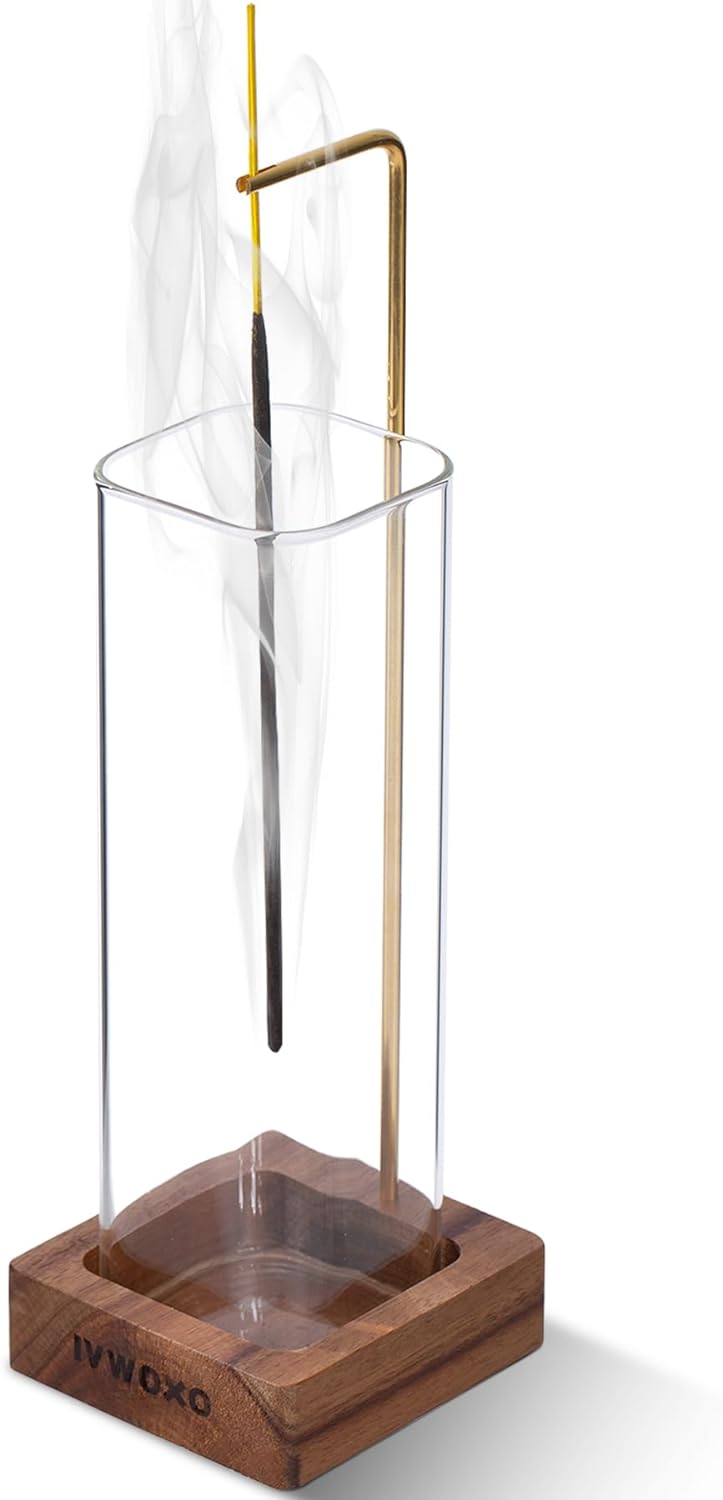 IVWOXO Incense Holder, Wood Insence-Stick Holder with Glass Ashes Collector, 100% Anti-Ash Flying Incense Burner, Incense Holder for Sticks (Square-ONE)