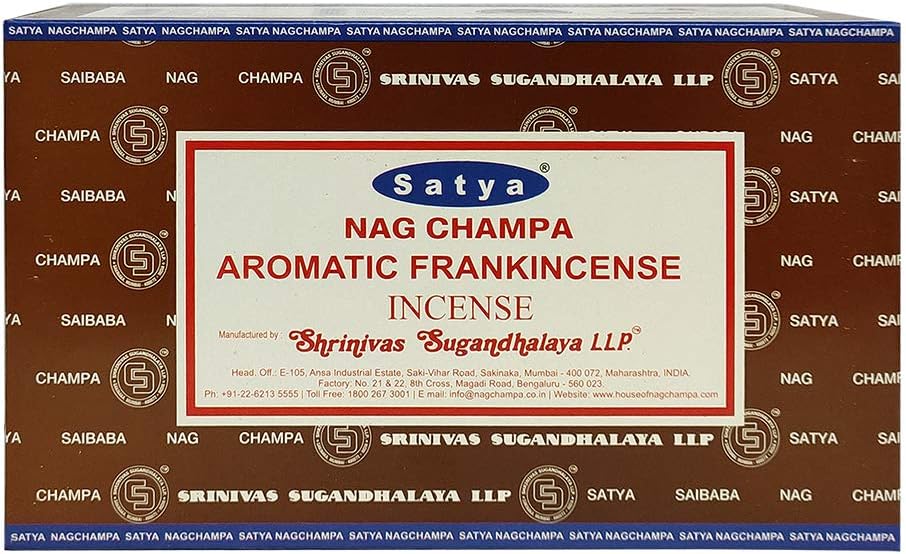 Satya Nag Champa Aromatic Frankincense Incense Sticks Pack of 12 Boxes 15gms Each Hand Rolled Agarbatti Fine Quality Incense Sticks for Purification, Relaxation, Positivity, Yoga, Meditation