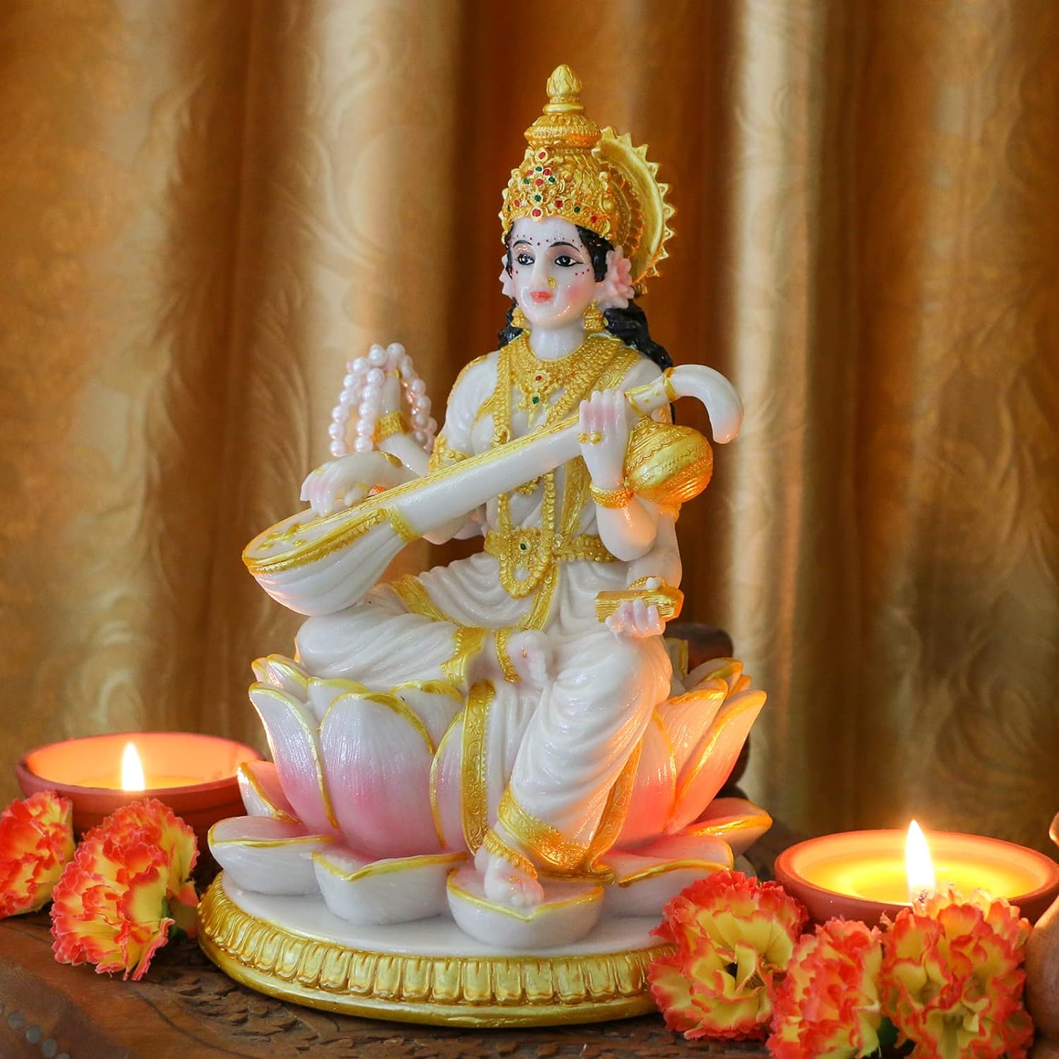 Big Hindu Goddess Saraswati Statue - 8.7”H Marble Look Indian Idol Saraswati Figurine India Diwali Murti Pooja Sculpture Home Office Temple Mandir Puja Item Altar Shrine Spiritual Decor