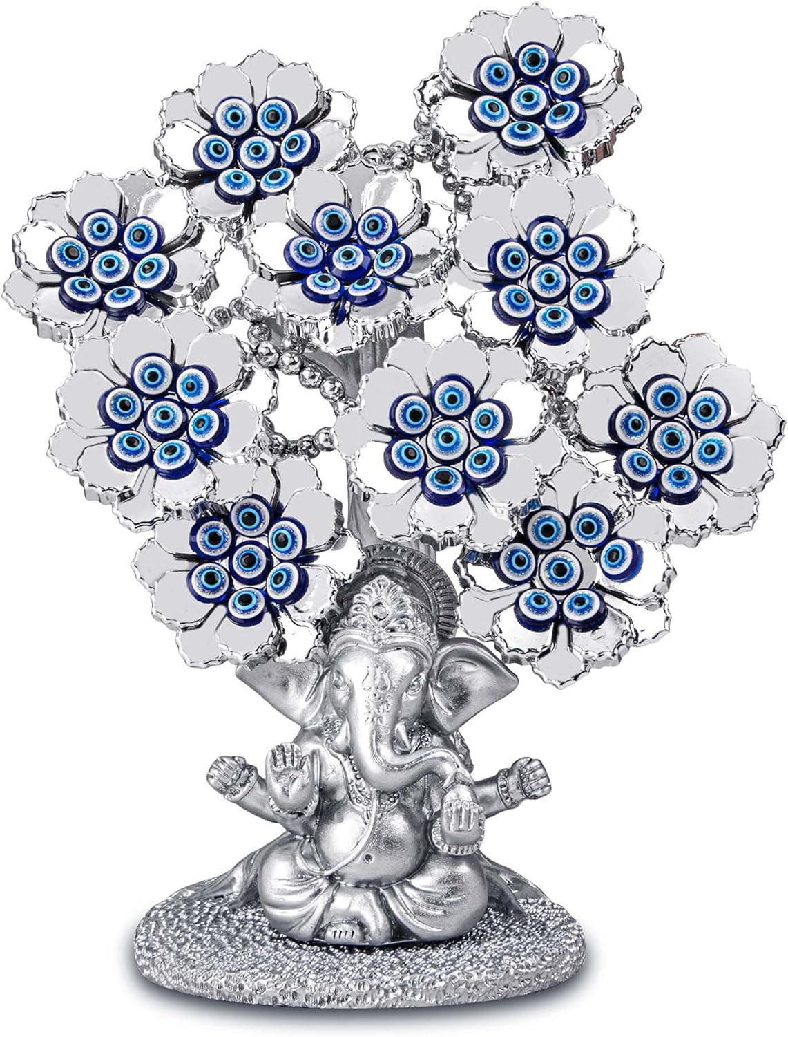 Evil Eye Flowers Lucky Tree with Silver Ganesha Hindu Elephant God Statue Home Office Feng Shui Protection Ornament Blessing Gift