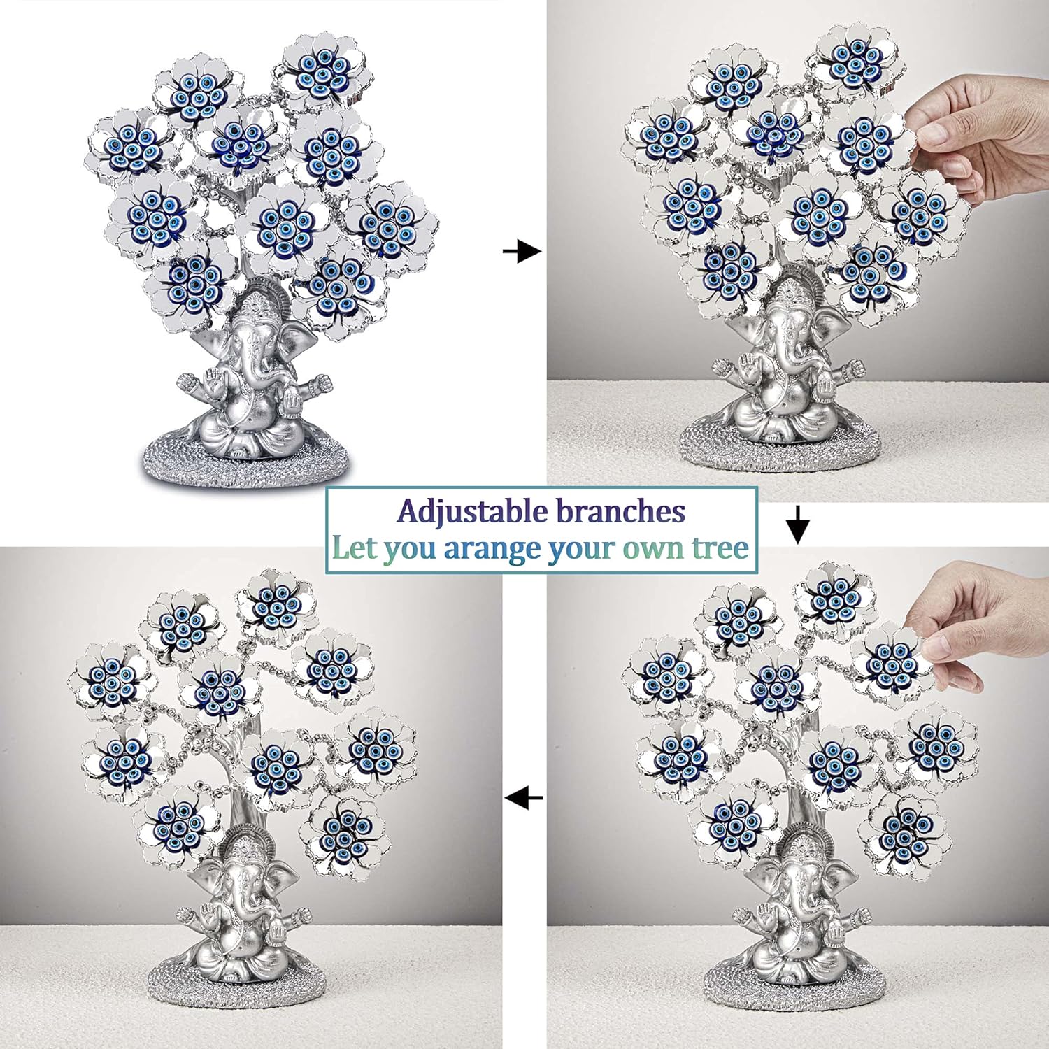 Evil Eye Flowers Lucky Tree with Silver Ganesha Hindu Elephant God Statue Home Office Feng Shui Protection Ornament Blessing Gift