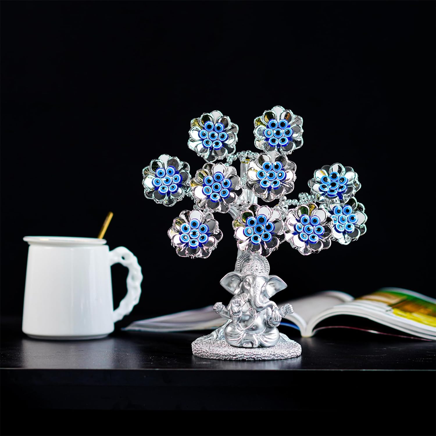 Evil Eye Flowers Lucky Tree with Silver Ganesha Hindu Elephant God Statue Home Office Feng Shui Protection Ornament Blessing Gift