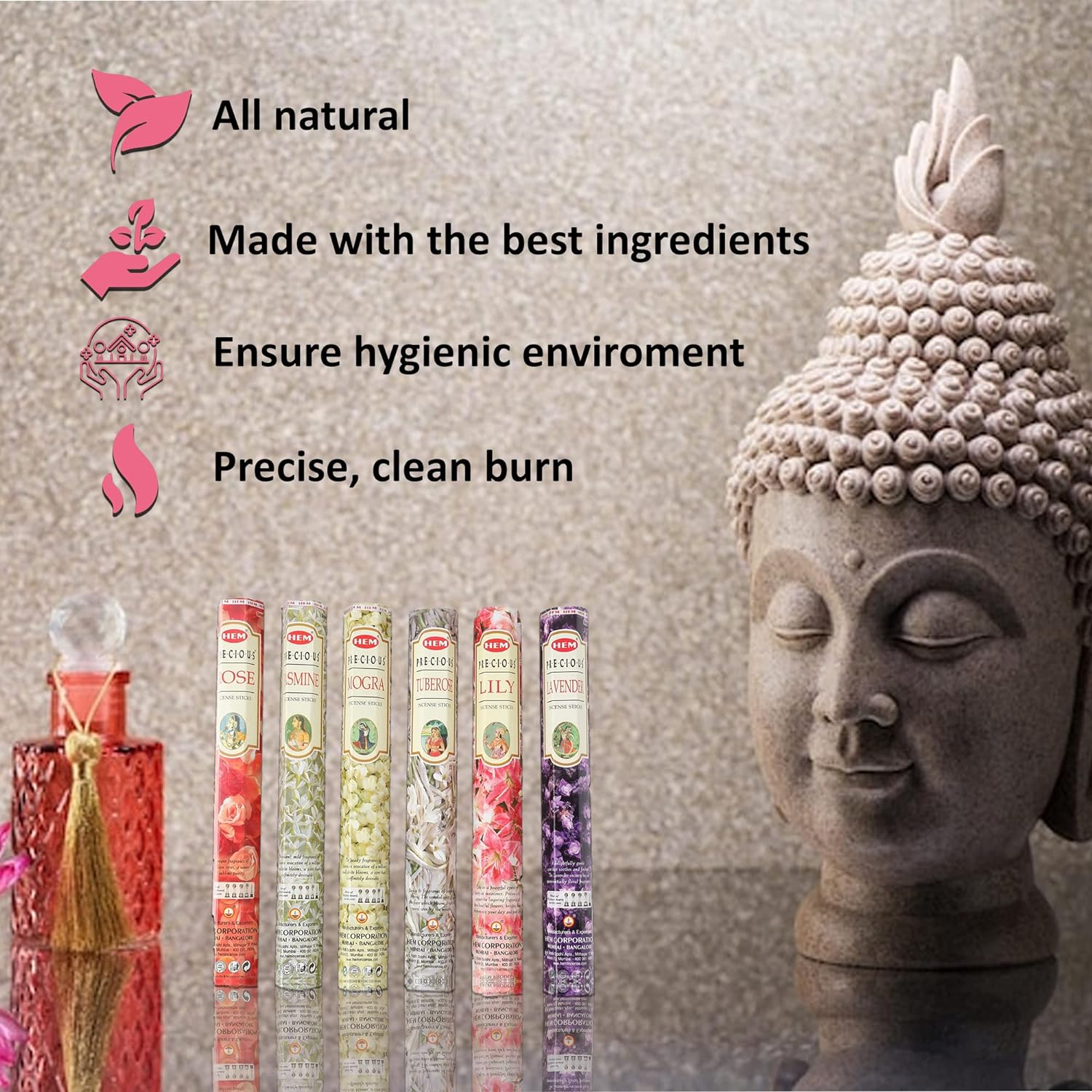 Hem Handcrafted Incense Sticks Gift Set - Rose, Jasmine, Mogra, Tuberose, Lily and Lavender Variety Insence Stick- Set of 6 Insenses (120 Sticks) (Hem Hexa Lily Floral 1)