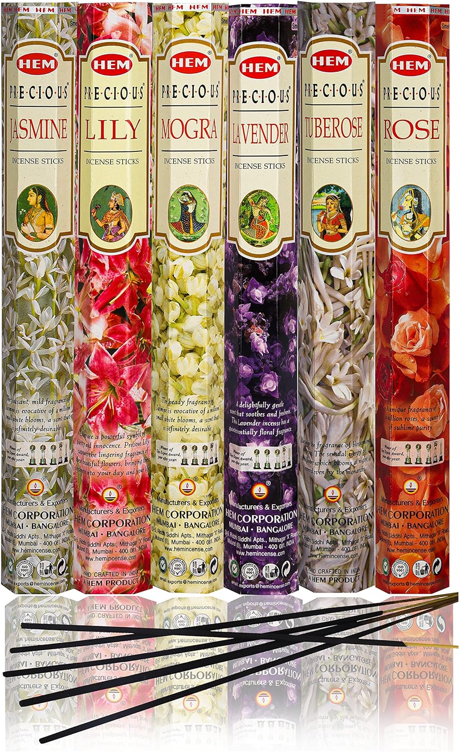 Hem Handcrafted Incense Sticks Gift Set - Rose, Jasmine, Mogra, Tuberose, Lily and Lavender Variety Insence Stick- Set of 6 Insenses (120 Sticks) (Hem Hexa Lily Floral 1)