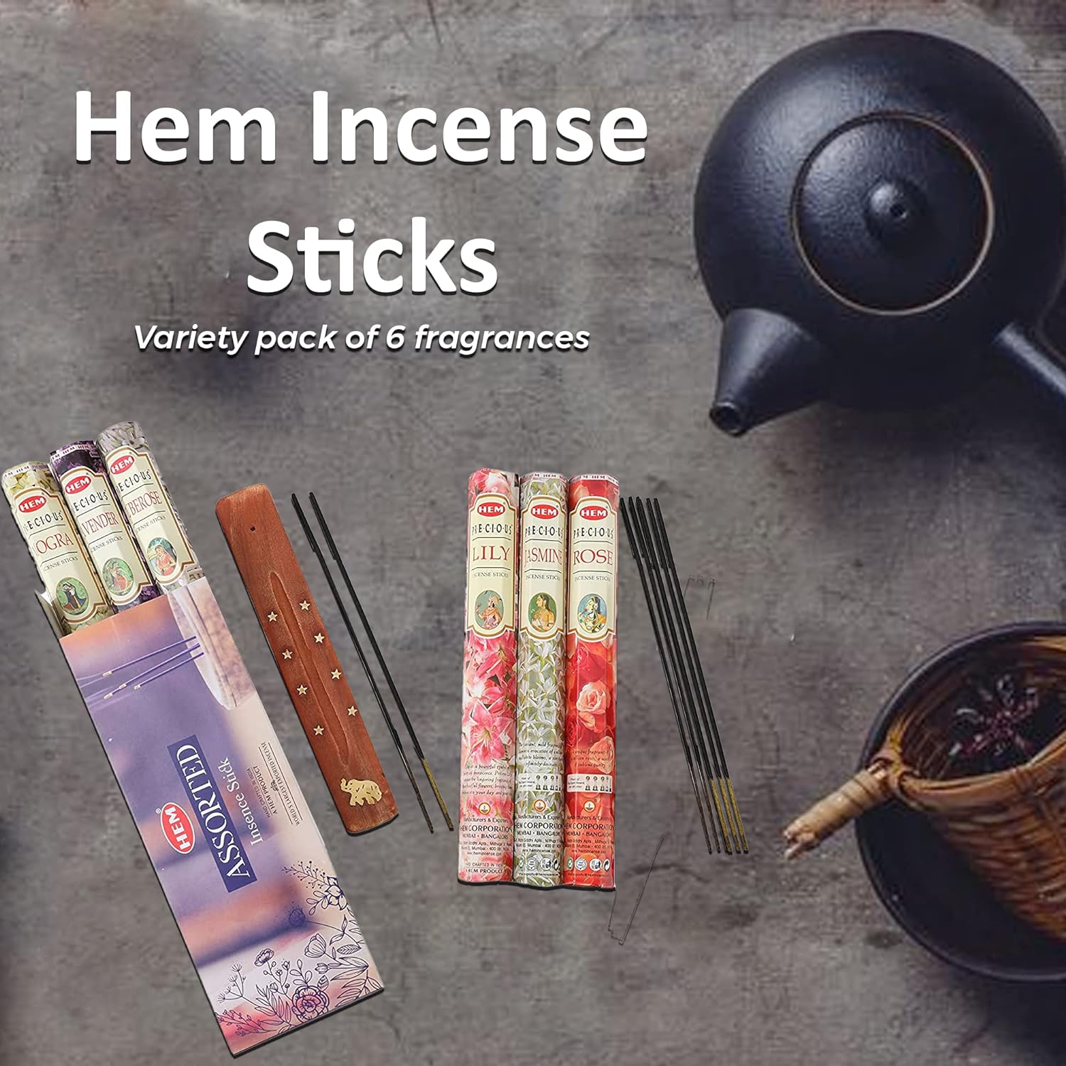 Hem Handcrafted Incense Sticks Gift Set - Rose, Jasmine, Mogra, Tuberose, Lily and Lavender Variety Insence Stick- Set of 6 Insenses (120 Sticks) (Hem Hexa Lily Floral 1)