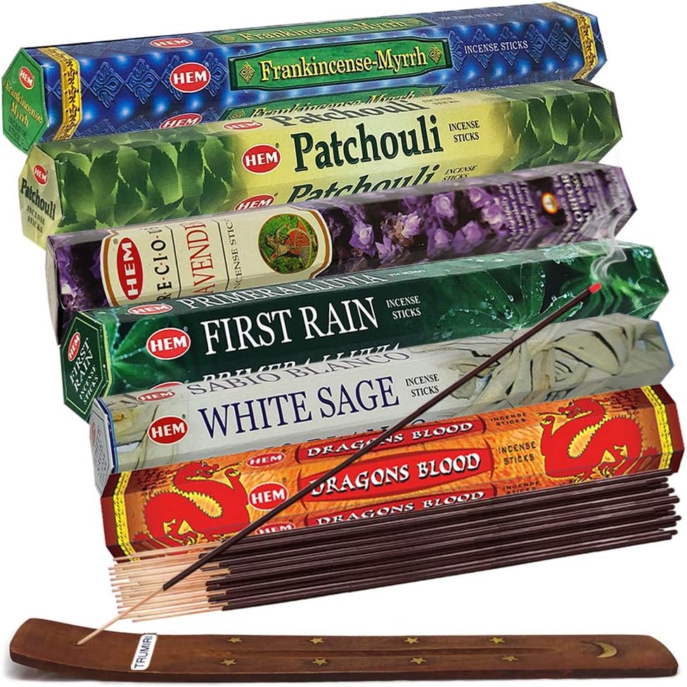 Hem Incense Sticks Variety Pack #23-120 Insence-Sticks (6 Incents x 20 Insenses) and Incense Stick Holder Bundle with 6 Most Liked Fragrances