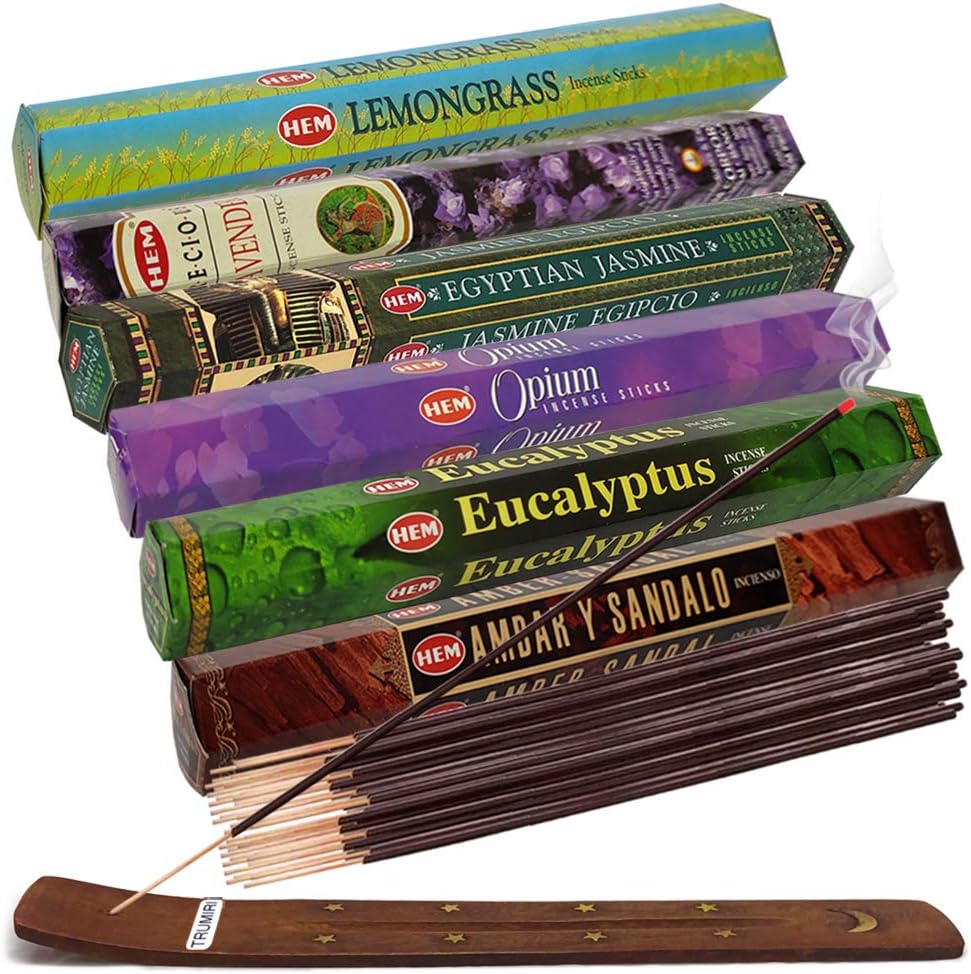 Hem Incense Sticks Variety Pack #23-120 Insence-Sticks (6 Incents x 20 Insenses) and Incense Stick Holder Bundle with 6 Most Liked Fragrances