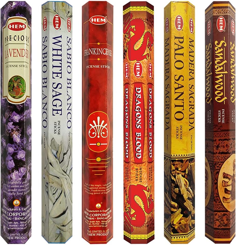 Hem Incense Sticks Variety Pack #23-120 Insence-Sticks (6 Incents x 20 Insenses) and Incense Stick Holder Bundle with 6 Most Liked Fragrances