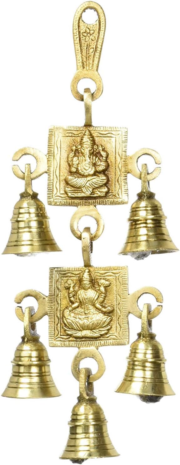 Indian Accent 5 Bells Brass Hanging Hindu God Ganesha and Goddess Laxmi Ji Statue Engraved for Luck Home Temple Use