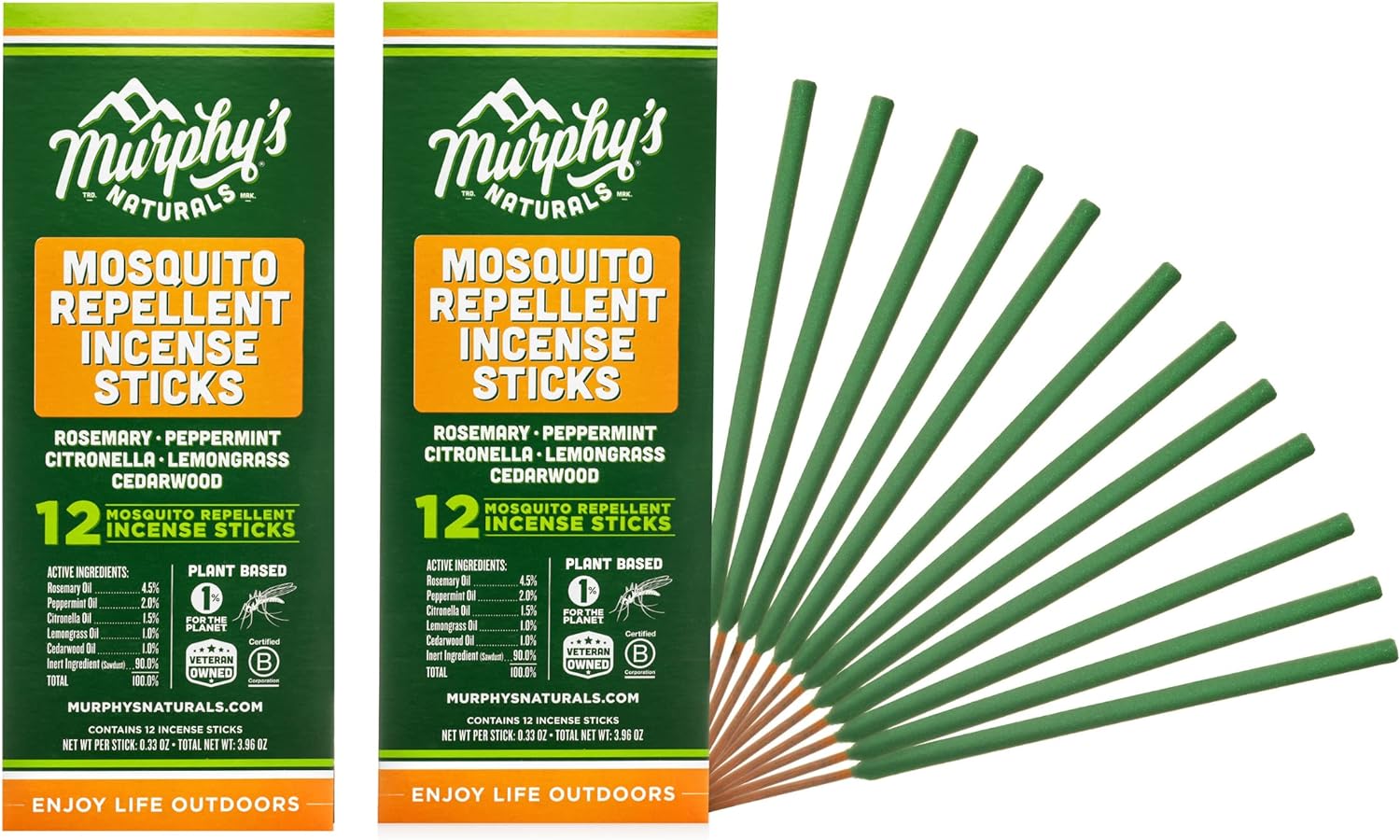 Murphys Naturals Mosquito Repellent Incense Sticks | DEET Free with Plant Based Essential Oils | 2.5 Hour Protection | 12 Sticks per Carton | 2 Pack