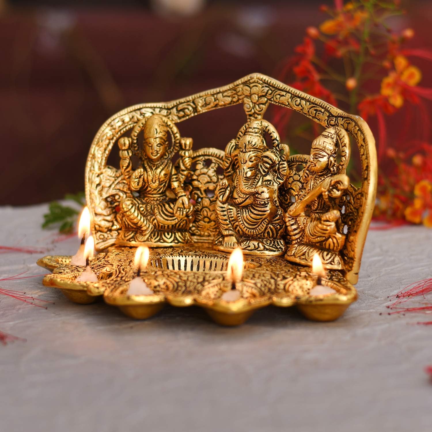 NOBILITY Lakshmi Ganesh Saraswati Statue with Diya Oil Deepak Metal Laxmi Ganesha Idol Showpiece Deepam Traditional Diya for Diwali Puja Home Decoration Wedding Return Gift Items