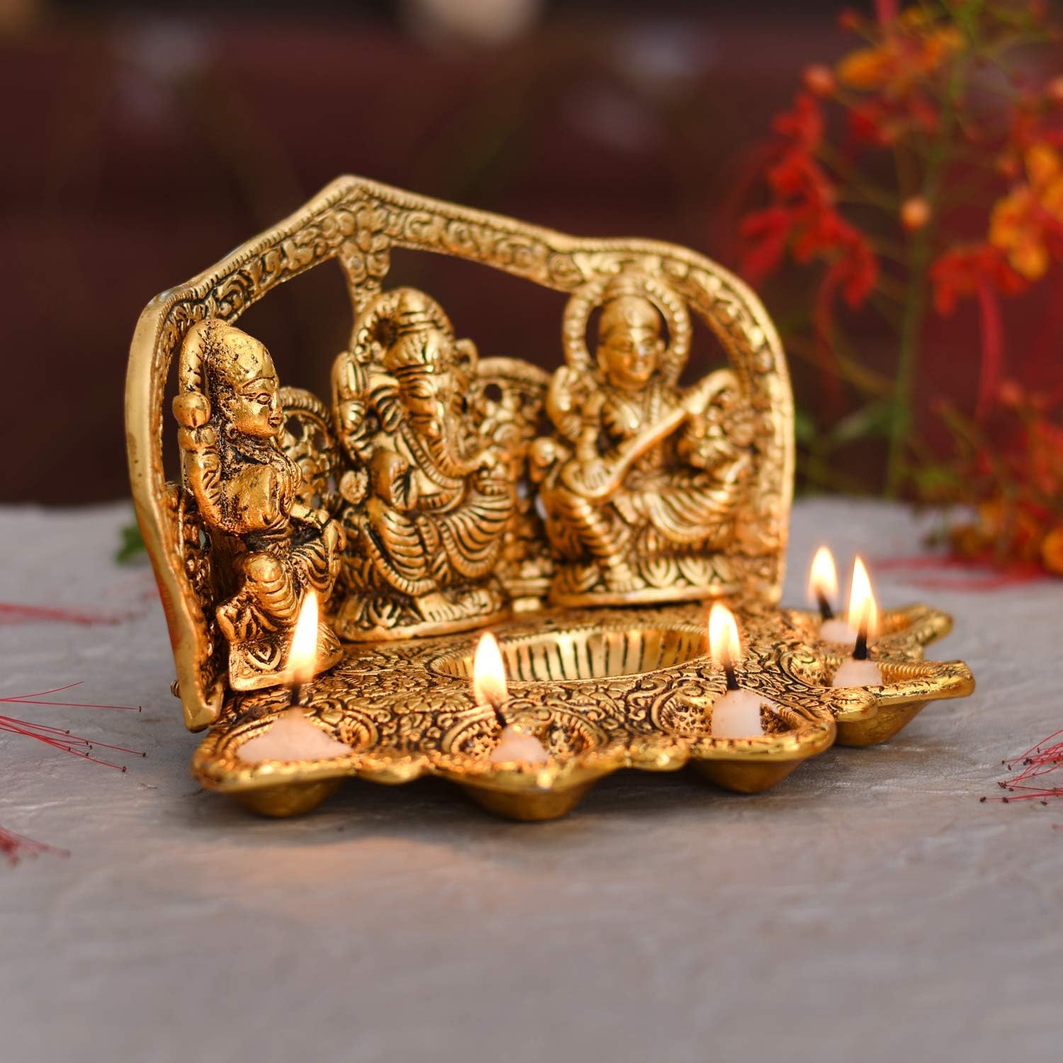 NOBILITY Lakshmi Ganesh Saraswati Statue with Diya Oil Deepak Metal Laxmi Ganesha Idol Showpiece Deepam Traditional Diya for Diwali Puja Home Decoration Wedding Return Gift Items