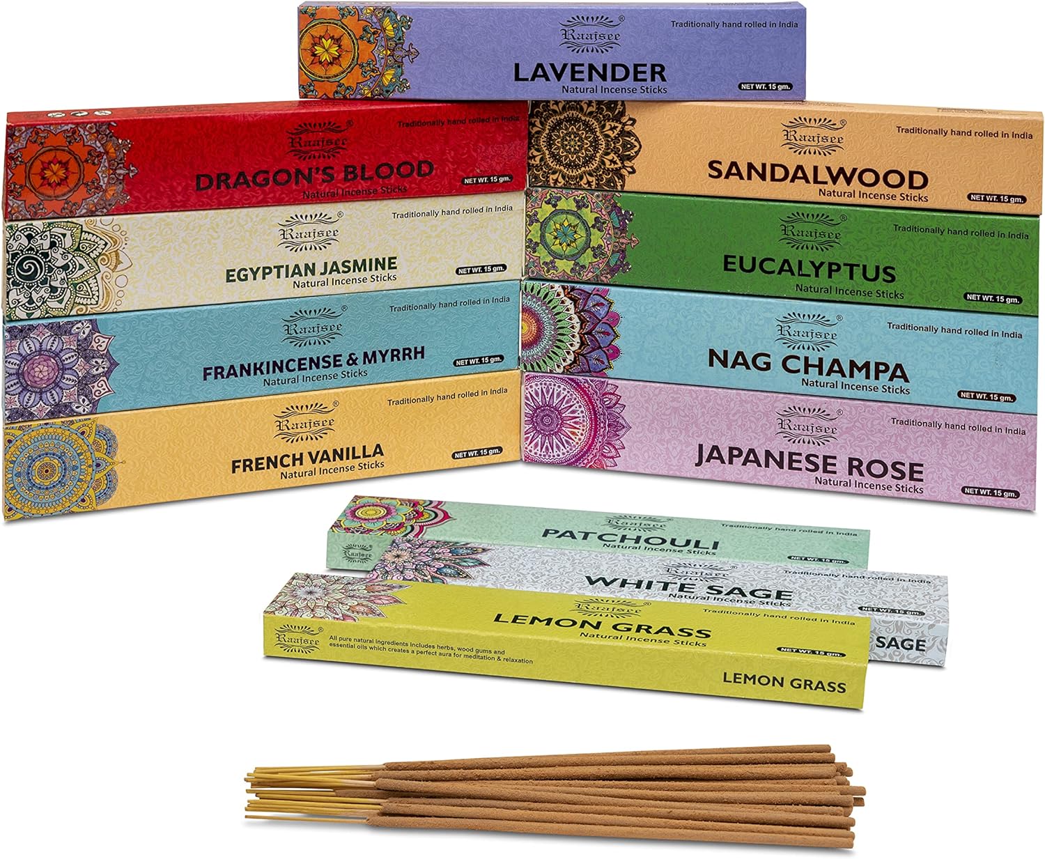 Raajsee Incense Sticks Assorted Pack (180 gm), 100% Pure Organic Natural Hand Rolled Free from Chemicals - Perfect for Aromatherapy, Cleansing, Meditation, and Church (12 Pack)