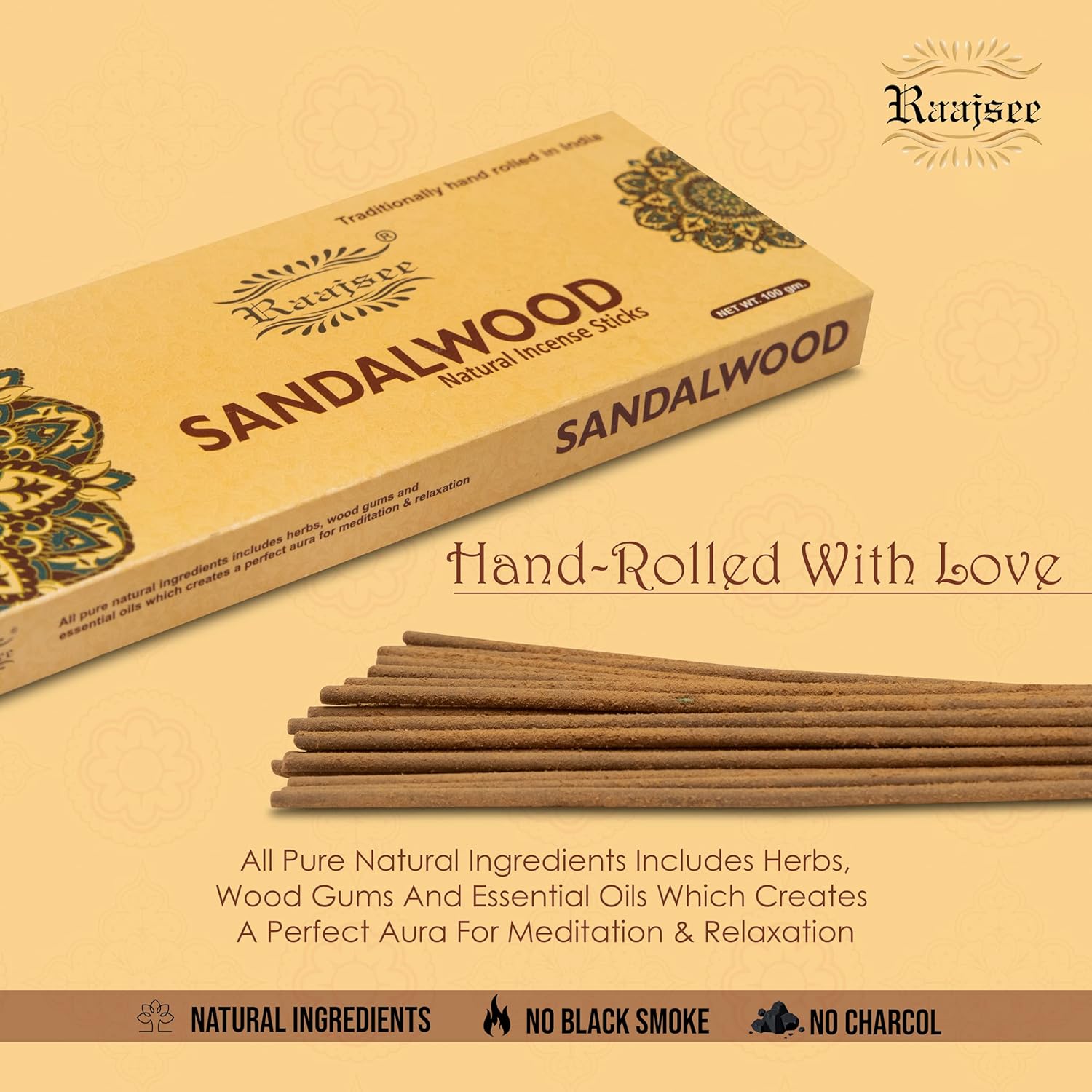 Raajsee Sandalwood Incense Sticks 100 Gm Pack-100% Pure Organic Natural Hand Rolled Free from Chemicals-for Church,Aroma Therapy,Relaxation,Meditation  Sensual Therapy