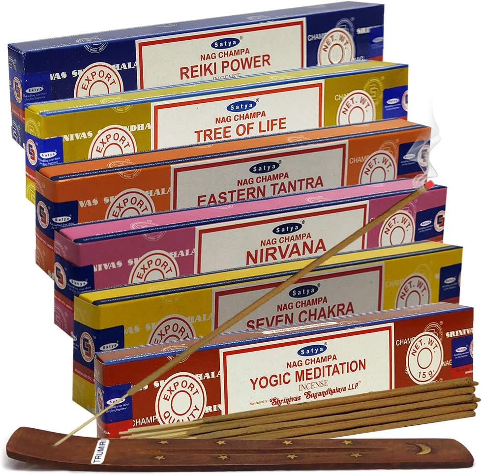 Satya Incense Sticks Variety Pack of 12 Randomly Selected Fragrances and Incense Stick Holder Bundle Total 180 Sticks
