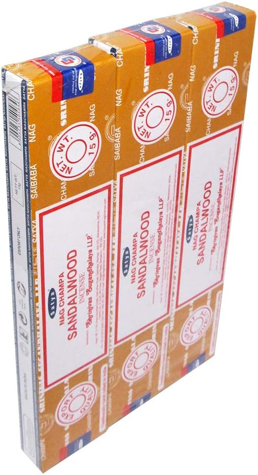Satya Sai Baba Nag Champa Sandalwood Pack of 3 Incense Sticks Boxes, 15gms Each, Traditionally Handrolled in India, Aeromatic Natural Fragrance Perfect for Prayers, Meditation, Yoga, Peace, Positivity