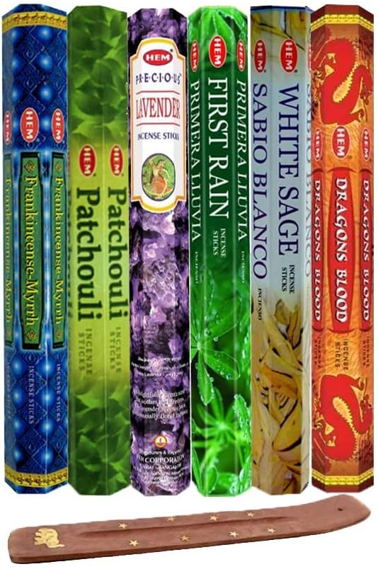 Six Most Popular Hem Incense Scents of All Time, 120 Sticks Total, with Free Burner - 20 Sticks Each of Dragons Blood, Frankincense  Myrrh, Patchouli, Precious Lavender, First Rain, and White Sage