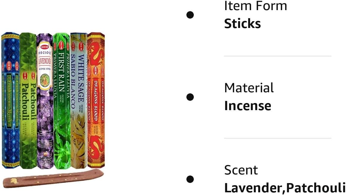 Six Most Popular Hem Incense Scents of All Time, 120 Sticks Total, with Free Burner - 20 Sticks Each of Dragons Blood, Frankincense  Myrrh, Patchouli, Precious Lavender, First Rain, and White Sage