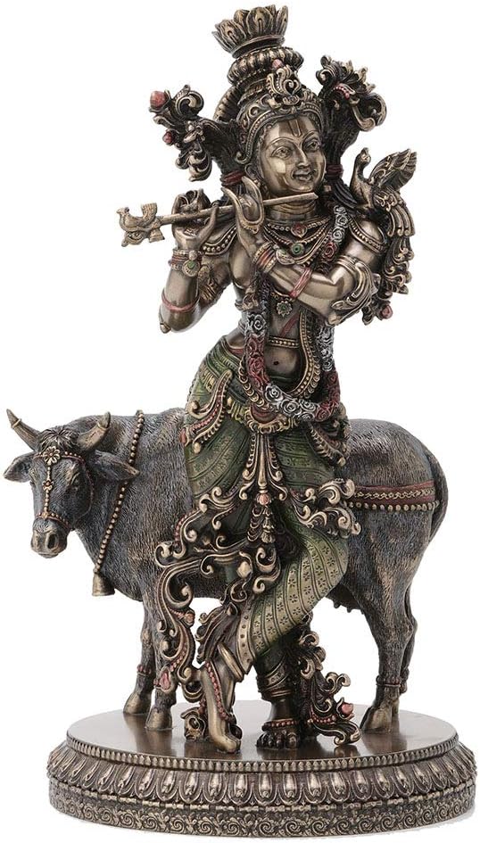 Veronese Design 10.5 Inch Hindu God Krishna and The Holy Cow Antique Bronze Finish Sculpture Figurine